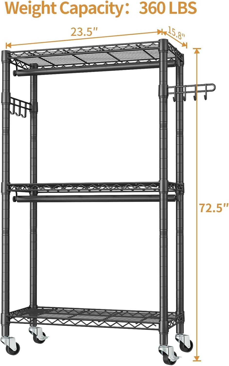 Heavy Duty Clothes Rack Rolling Garment Rack,3 Tier Adjustable Wire Shelving Clothing Racks for Hanging Clothes with Double Rods&Side Hooks,Freestanding Wardrobe Storage Rack Metal Portable Closet - Image 5