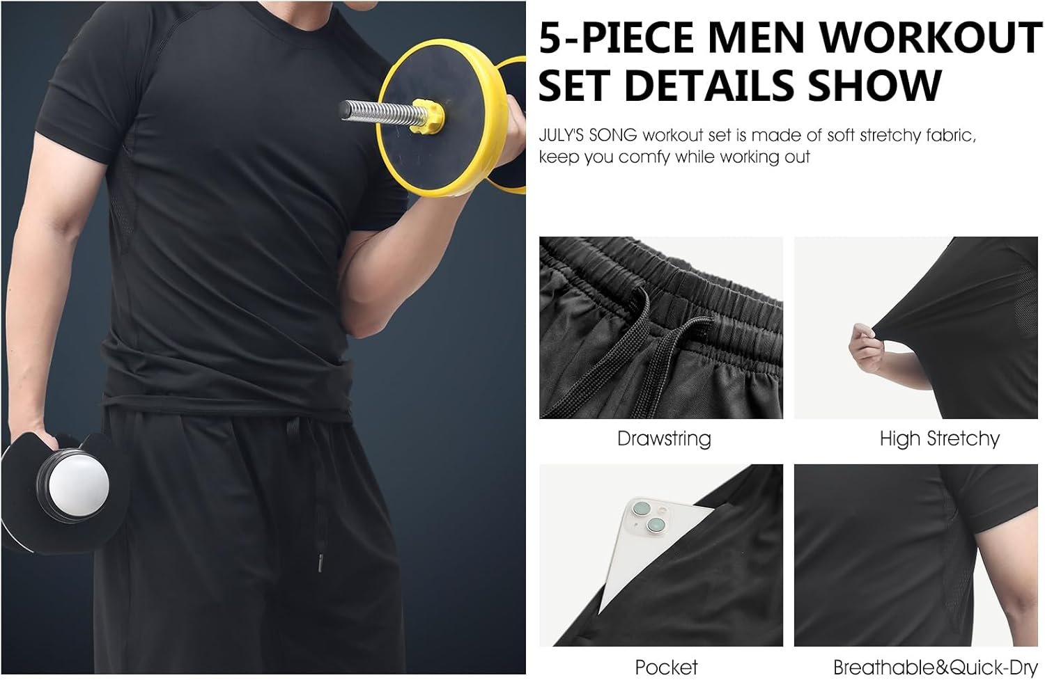 JULY'S SONG Men Compression Workout Set 5 PCS Dry Quick Shirt Pants Shorts Tights Jacket Clothes for Gym - Image 8