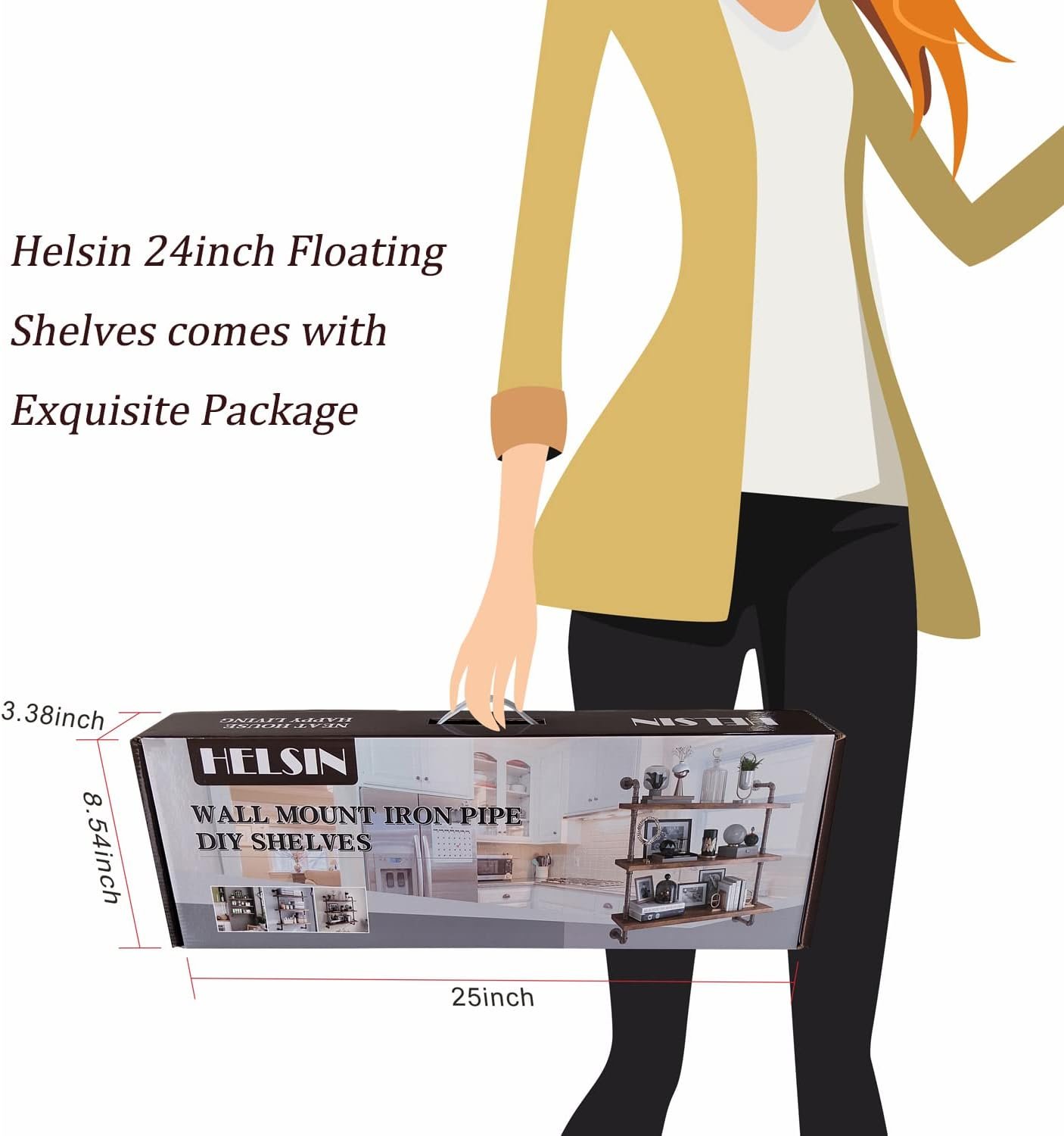 Helsin 3 Tier Industrial Pipe Shelf Rustic Wood Floating Shelves,Wall Display Bookshelf,Storage Rack Sundries Holder for Kitchen Office Bathroom Organization and Home Decor (24inch) - Image 8