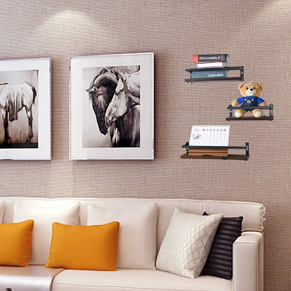 Floating Shelves Rustic Wood Wall Mounted Shelf Practical Metal Fence Design Ideal for Bedroom, Bathroom, Kitchen Set of 3(Brown) - Image 3