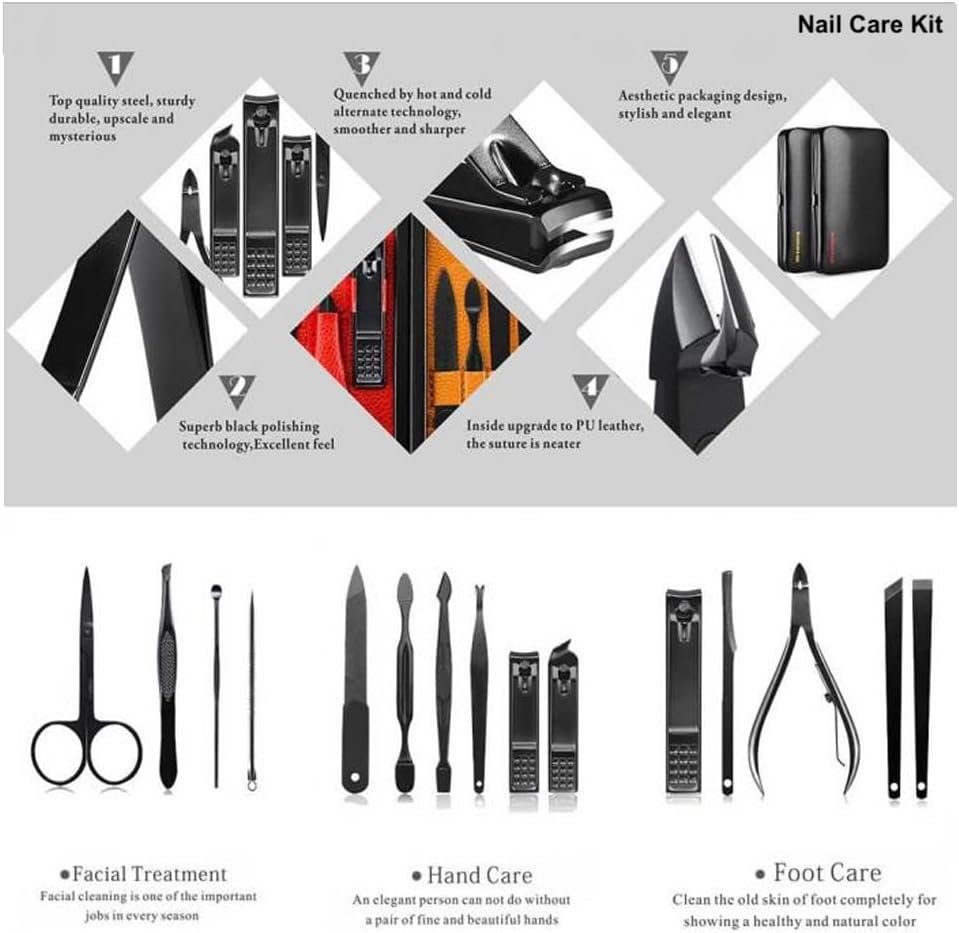 Stainless Steel Mens Manicure & Pedicure Kit (15 Pieces) - Professional Male Nail Care Grooming Set with Nail Care, Toenail Clippers, Scissor, Cuticle Trimmer & Luxurious Travel Case - Image 8