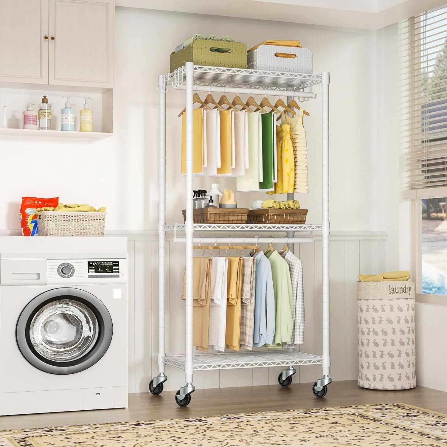 P3 Mini Rolling Clothes Rack, Clothing Racks for Hanging Clothes, Heavy Duty Garment Rack, Freestanding Portable Closet Rack 23.6'' W x 14'' D x 78.5'' H, Max Load 430 Lbs, White - Image 6