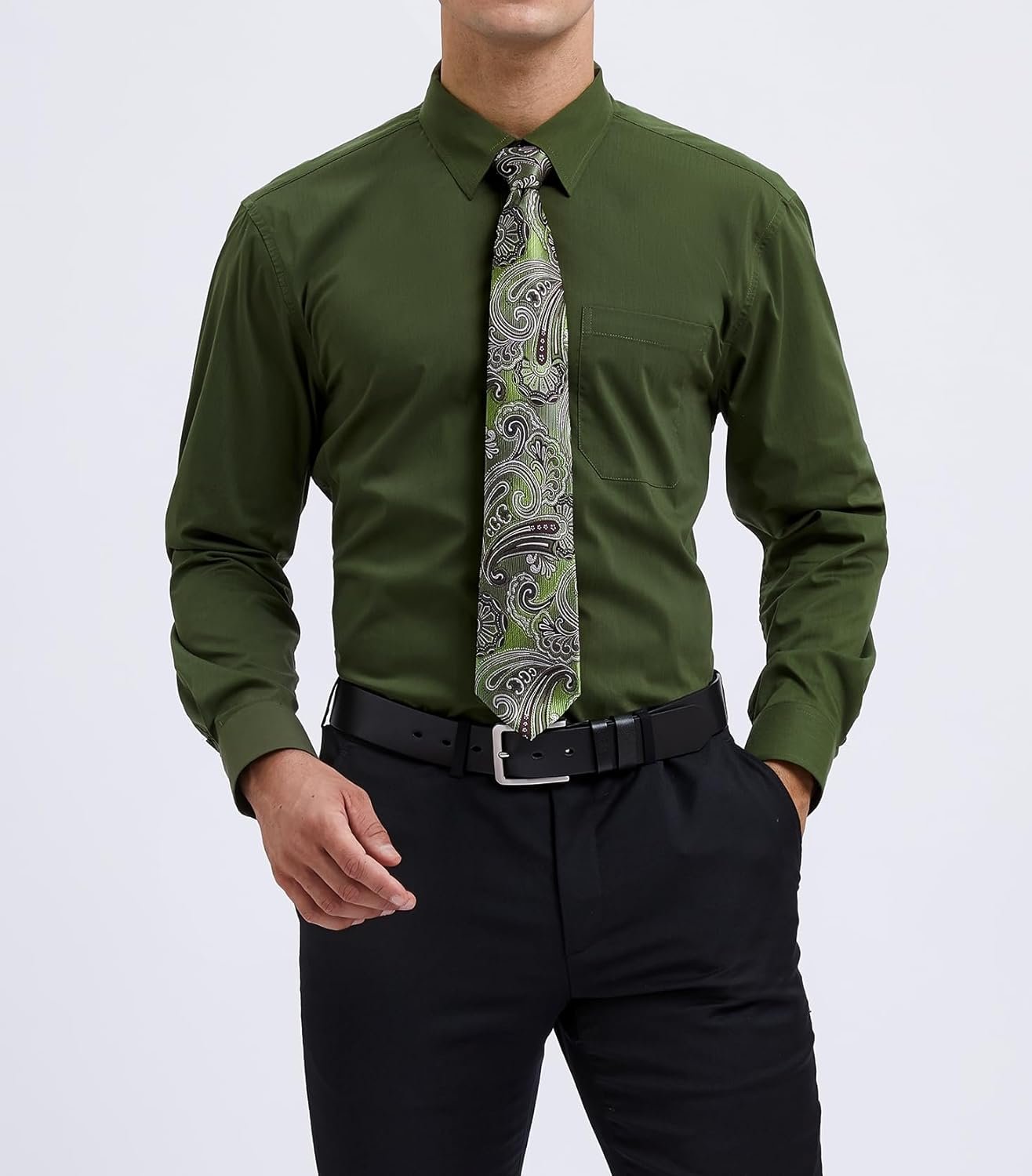 HISDERN Mens Dress Shirt with Tie Pocket Square Set Classic Button Down Shirt Matching Tie Long Sleeve Shirts - Image 3