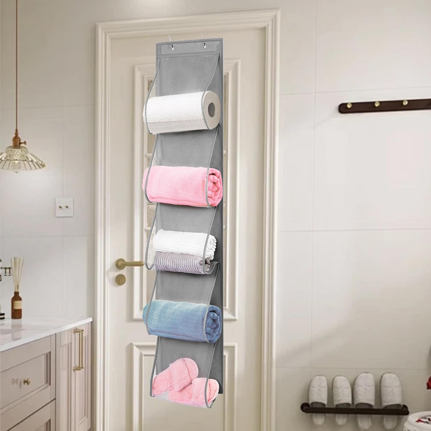 2 Pack Over the Door Hanging Vinyl Organizer Embroidery Stabilizer Holder Purse Storage for Closet Bath Towel Hanger Scarf Container 5 Large Pockets (One Side) - Image 7