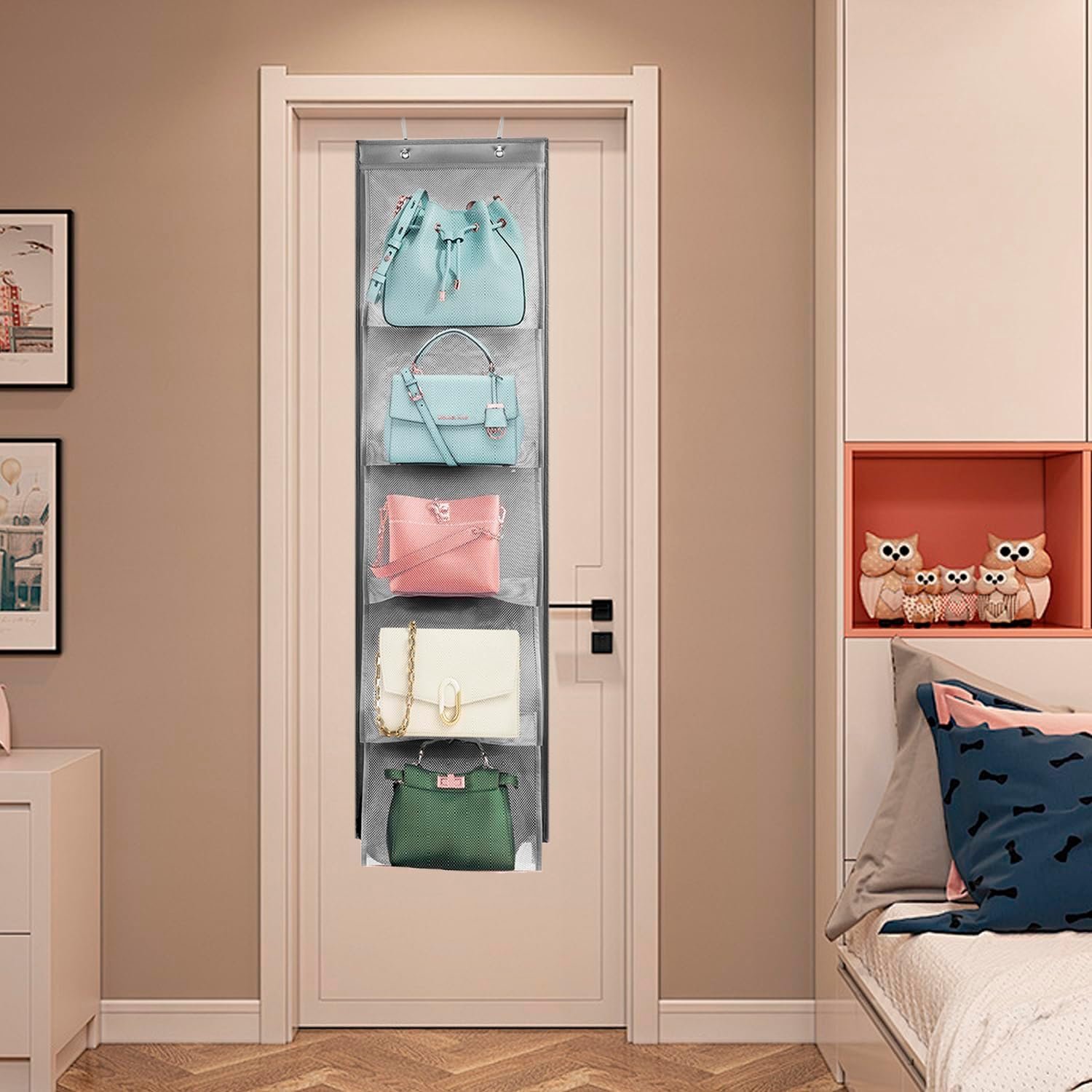 2 Pack Over the Door Hanging Vinyl Organizer Embroidery Stabilizer Holder Purse Storage for Closet Bath Towel Hanger Scarf Container 5 Large Pockets (One Side) - Image 8