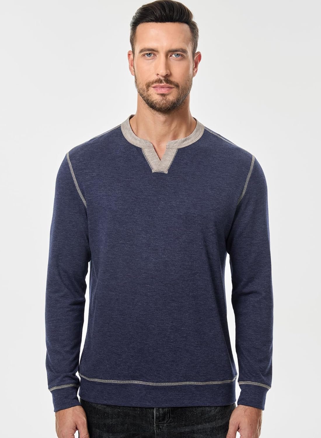 JMIERR Men's Slim Henley Shirts V-neck Longline T-Shirt Casual Lightweight Sweatshirts Fitted Raglan Sleeve Tees Shirts - Image 5