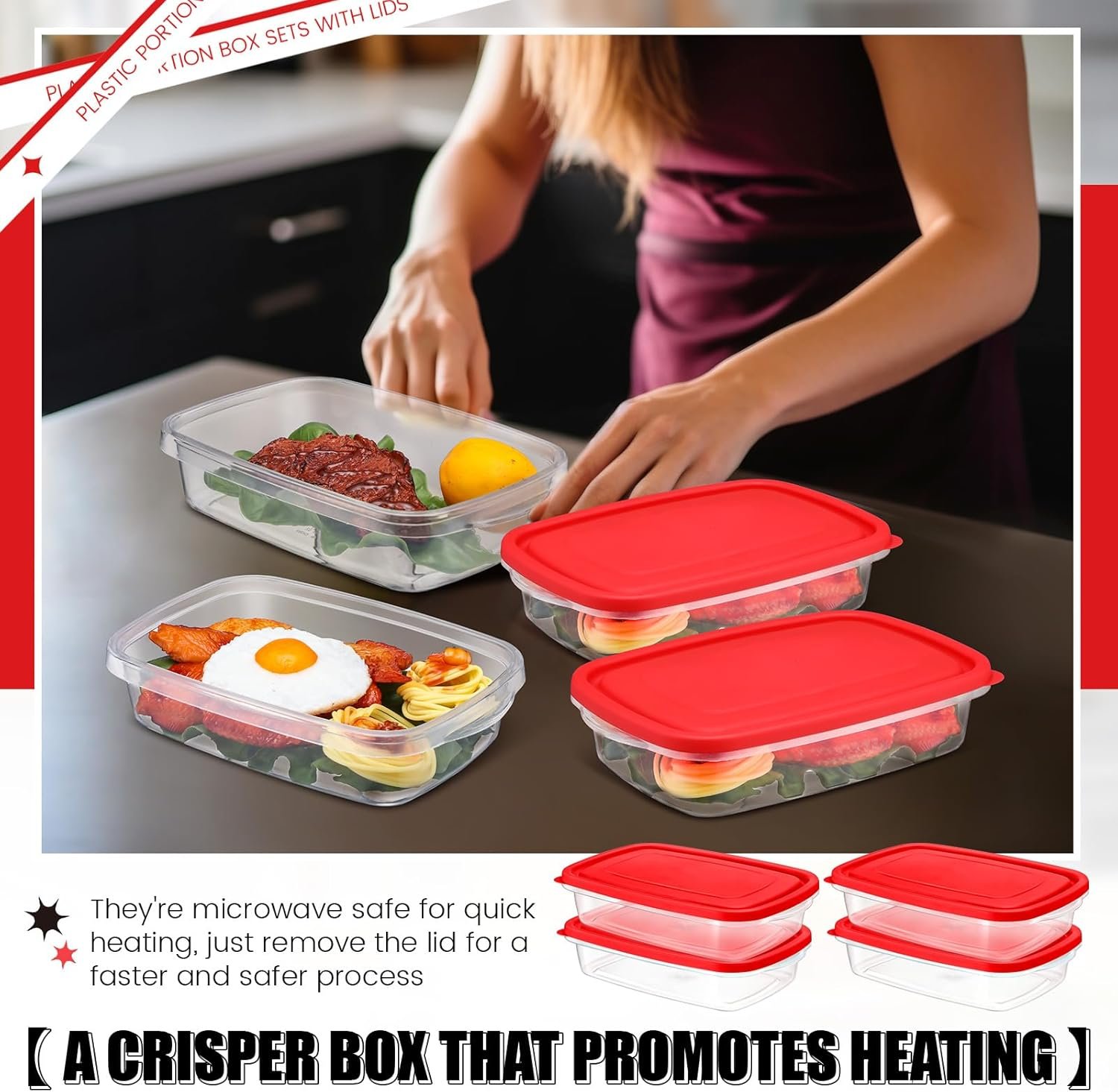 18 Pcs 33 Oz/ 4 Cups Plastic Food Storage Containers with Lids Portion Box Sets with Cover Stackable Plastic Containers with Lids Microwave Freezer Dishwasher Safe (Red) - Image 8