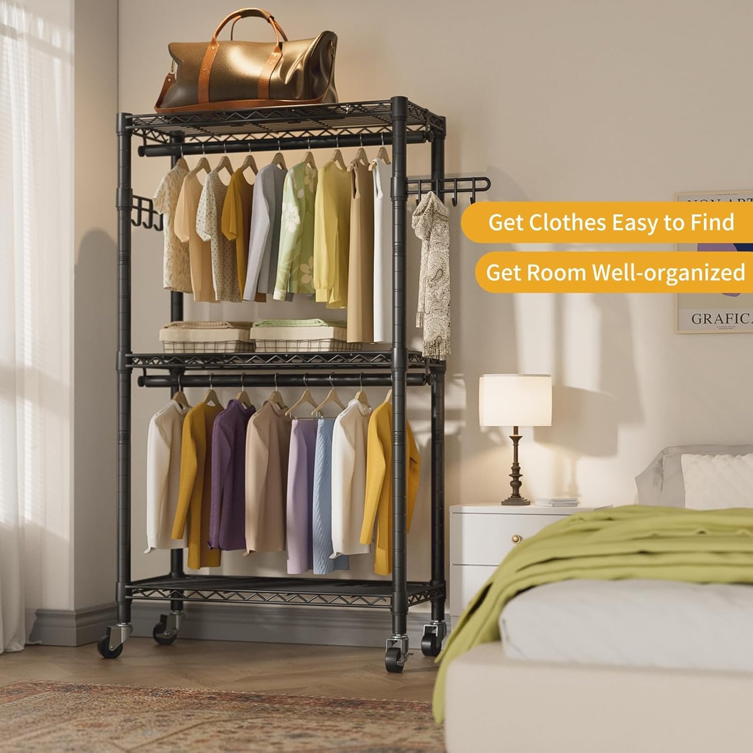 Heavy Duty Clothes Rack Rolling Garment Rack,3 Tier Adjustable Wire Shelving Clothing Racks for Hanging Clothes with Double Rods&Side Hooks,Freestanding Wardrobe Storage Rack Metal Portable Closet - Image 8