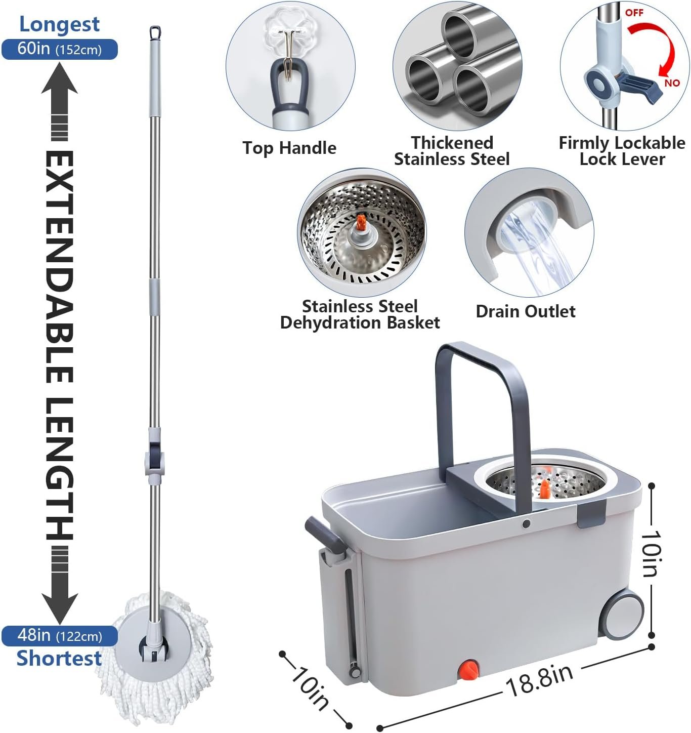 KZKR Spin Mop and Bucket with Wringer Set on Wheels, 180° Spinning Mop Bucket System with 6 Washable Microfiber Replacement Mop Pad Heads Refill, Adjustable Handle for Floor Cleaning Home - Image 3