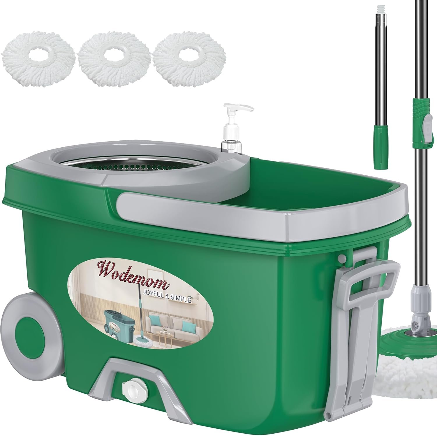 Dual Compartment Spin Mop and Bucket, Mop and Bucket with Wringer Set,360°Rotating Spinning Mopping for Floor Cleaning with 3 Microfiber Replacement Heads, 61" Extended Handle, 2X Wheel - Deep Green - Image 2