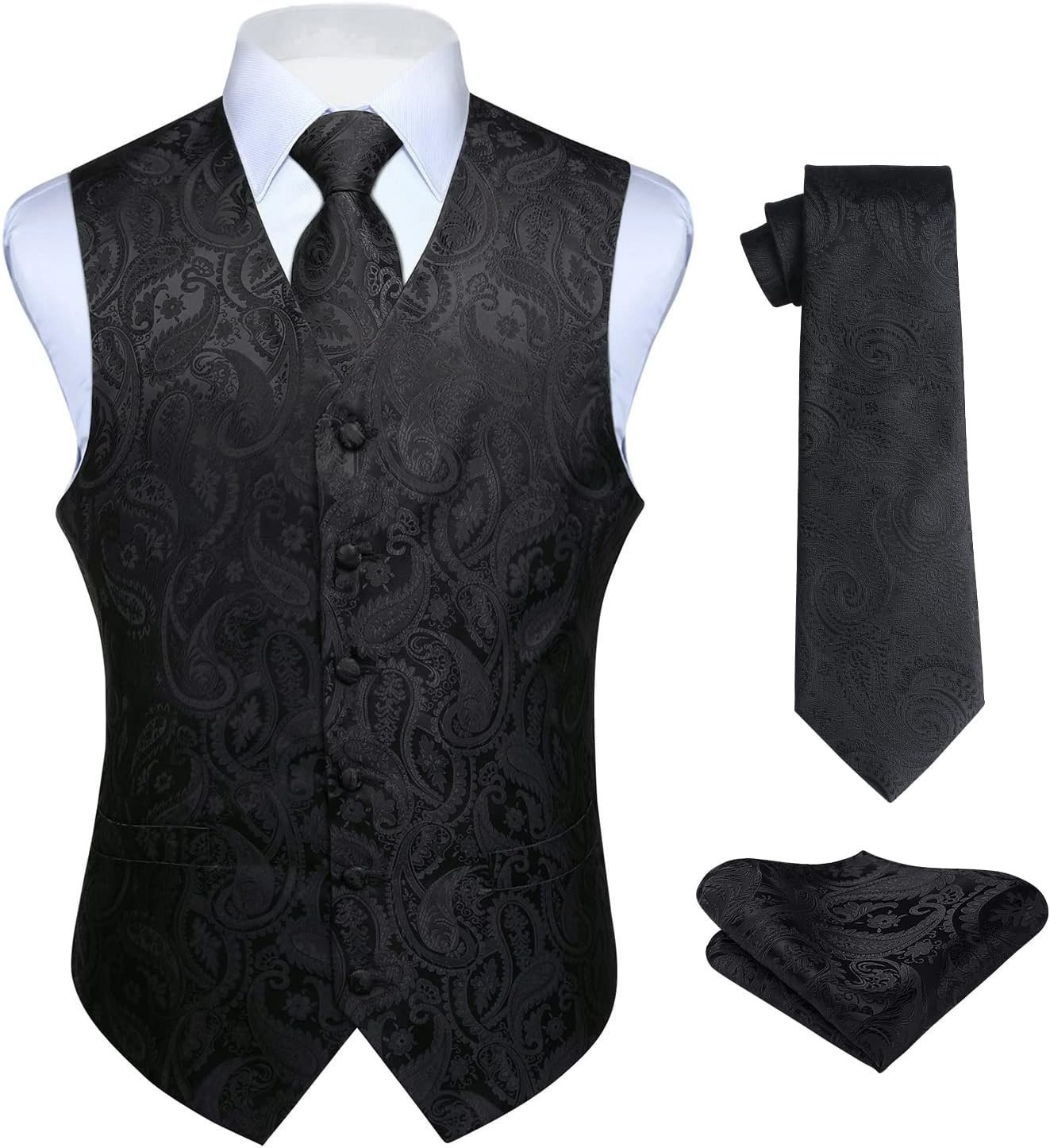 HISDERN Mens Vest Tie Set 3PC Formal Waistcoat Paisley Floral Jacquard Necktie Pocket Square Suit Vests Wedding Party - Image 2
