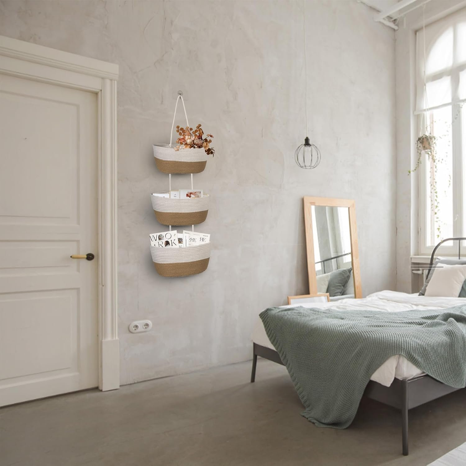 3 Tier Wall Mounted Woven Hanging Basket, Over the Door Hanging Basket with Hooks, Decorative Storage Hanging Closet Removable, Large Wall Basket for Living Room, Bedroom, Kitchen (White) - Image 7