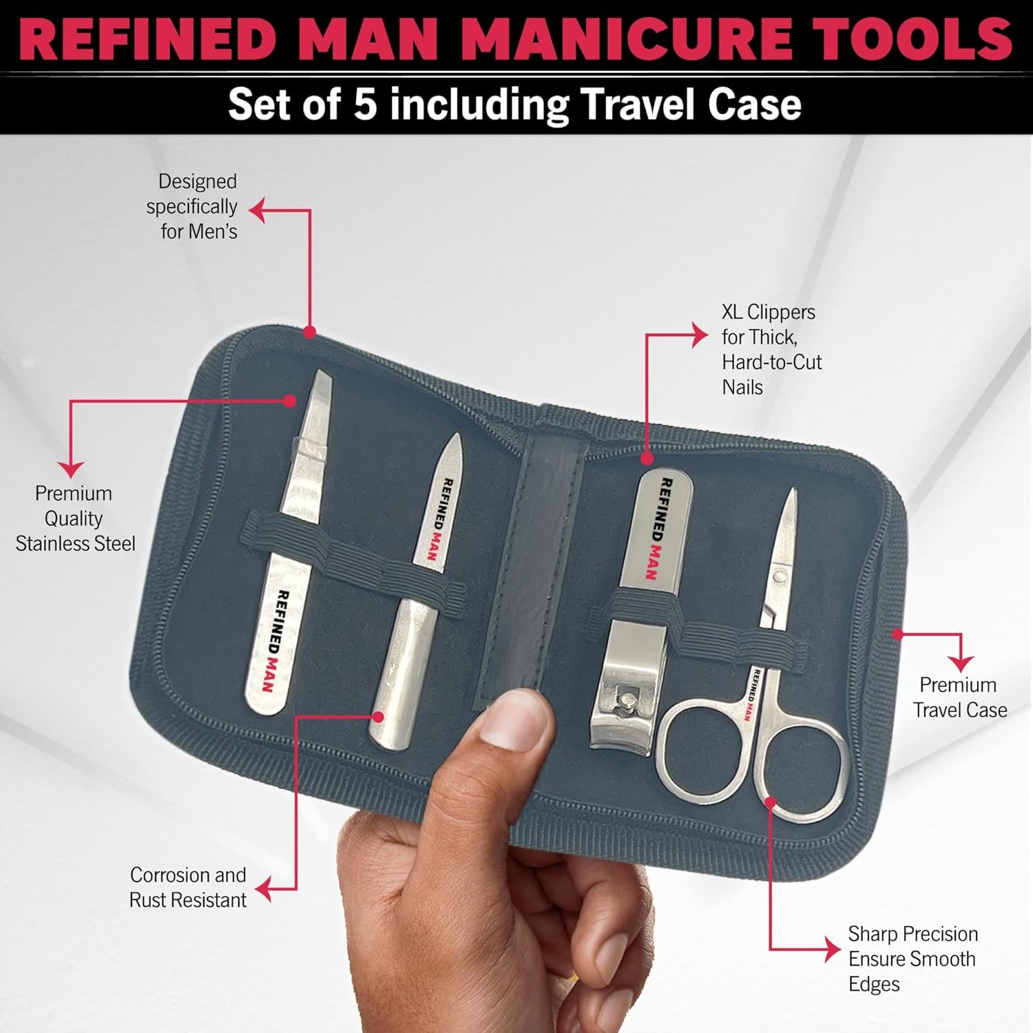 BLKSMITH Refined Man Manicure and Pedicure Kit Set of 5 - Manicure Kit for Men - Nail Clipper Kit with Nail File, Clippers, Scissors, Tweezer & Travel Case - Designed for Men (Black) - Image 4