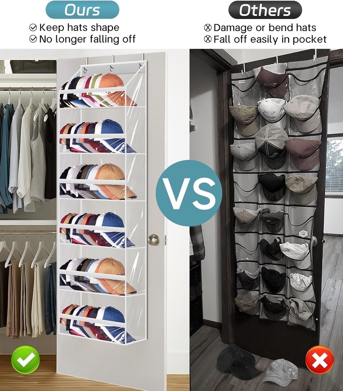AOODA Clear Over the Door Hat Racks for Baseball Caps, Large Holds up to 72 Caps Hat Storage Organizer for Closet Wall, Deep Pockets Hanging Snapback Holder Shelves with 3 Hooks, White - Image 3