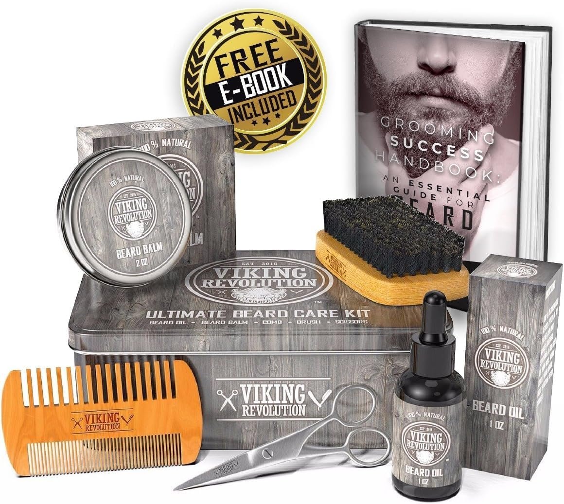 Viking Revolution Beard Care Kit for Men - Kit includes 100% Boar Beard Brush, Wooden Comb, Beard Balm, Beard Oil, Beard & Mustache Scissors in a Metal Box - Image 6