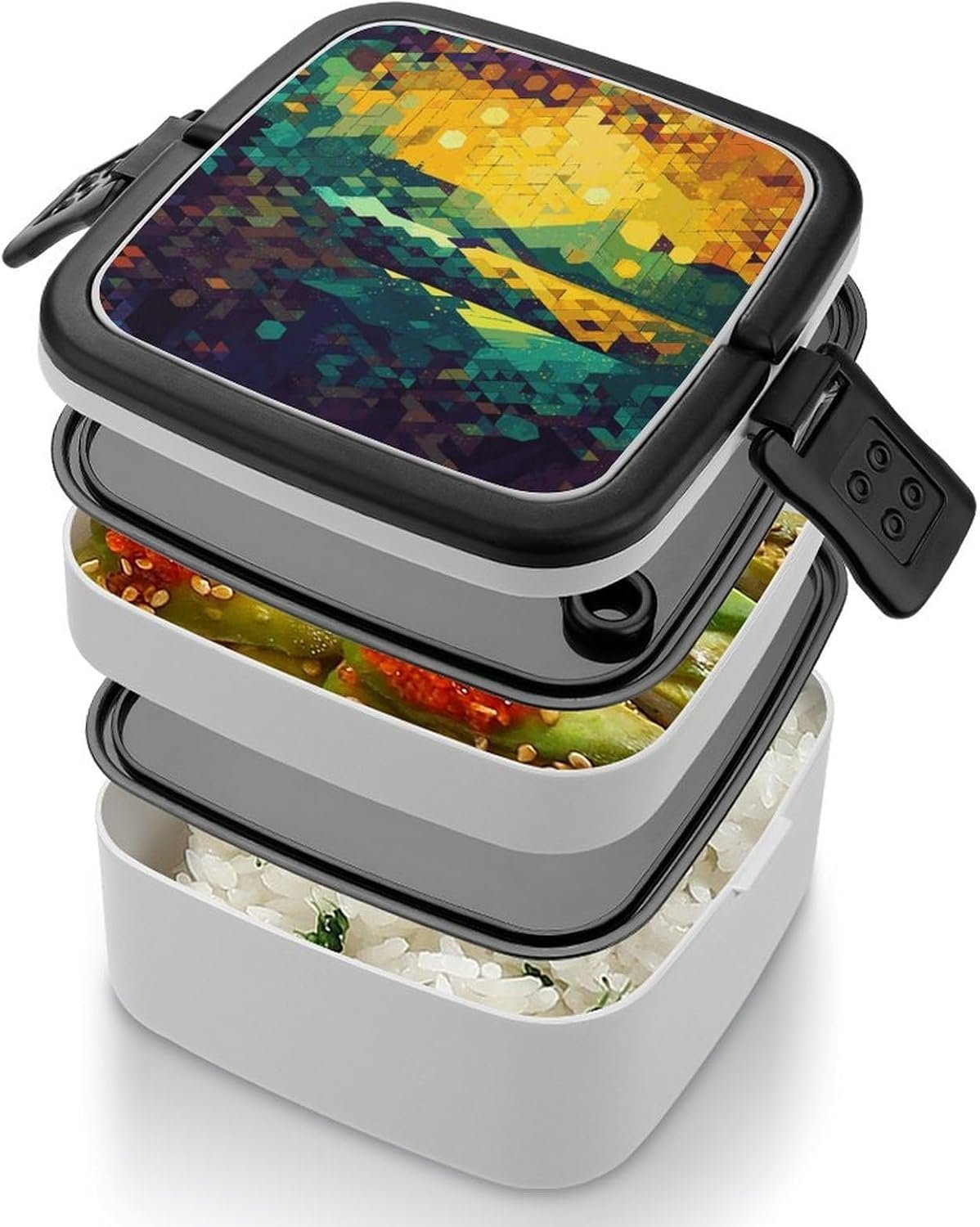 Shiny Hexagon Bento Box with Spoon, 2-layer Stackable Lunch Box Leak Proof with Invisible Handle, Insulated Food Storage for Office, Picnic & Travel - Image 5