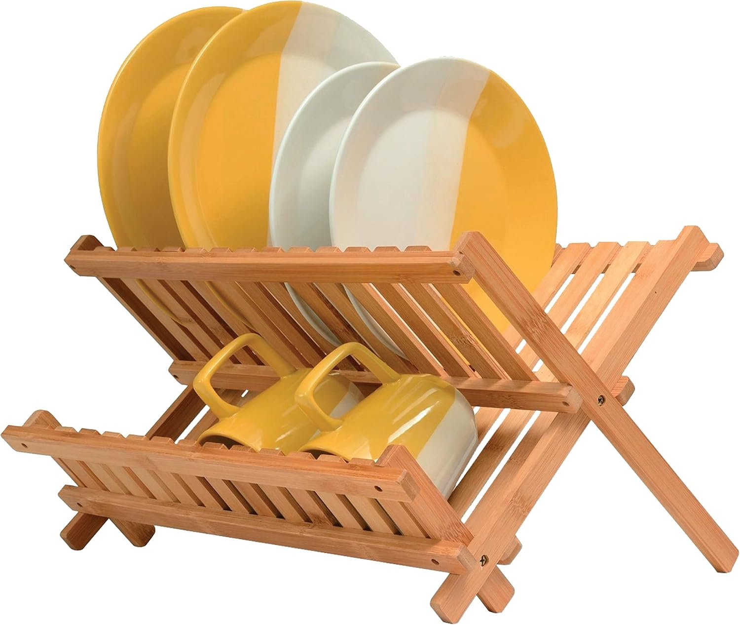 Dish Drying Rack - Collapsible 2-Tier Bamboo Dish Rack for Kitchen Counter, Wooden Dish Drainer with Foldable Space-Saving Design - Drying Rack for Dishes, Plates, and Cups - Image 2