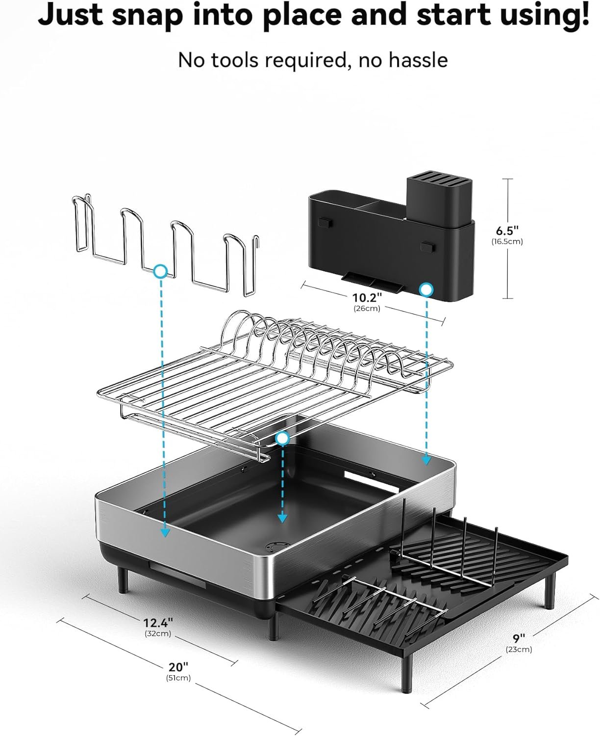 SUNLY Large Dish Drying Rack, Expandable Dish Racks for Kitchen Counter, Space Saving 304 Stainless Steel Drying Rack Kitchen, Extra Large Drainer with Multifunctional Flip Up Pegs, Black - Image 8