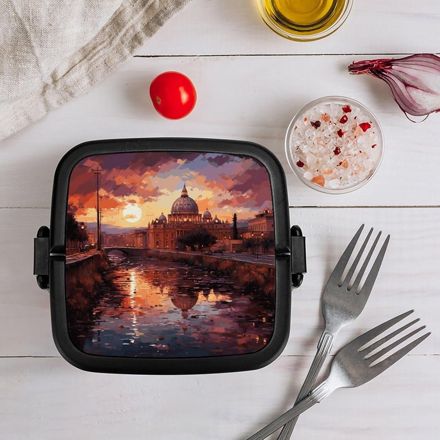 Rome Sunset Bento Box with Spoon, 2-layer Stackable Lunch Box Leak Proof with Invisible Handle, Insulated Food Storage for Office, Picnic & Travel - Image 9