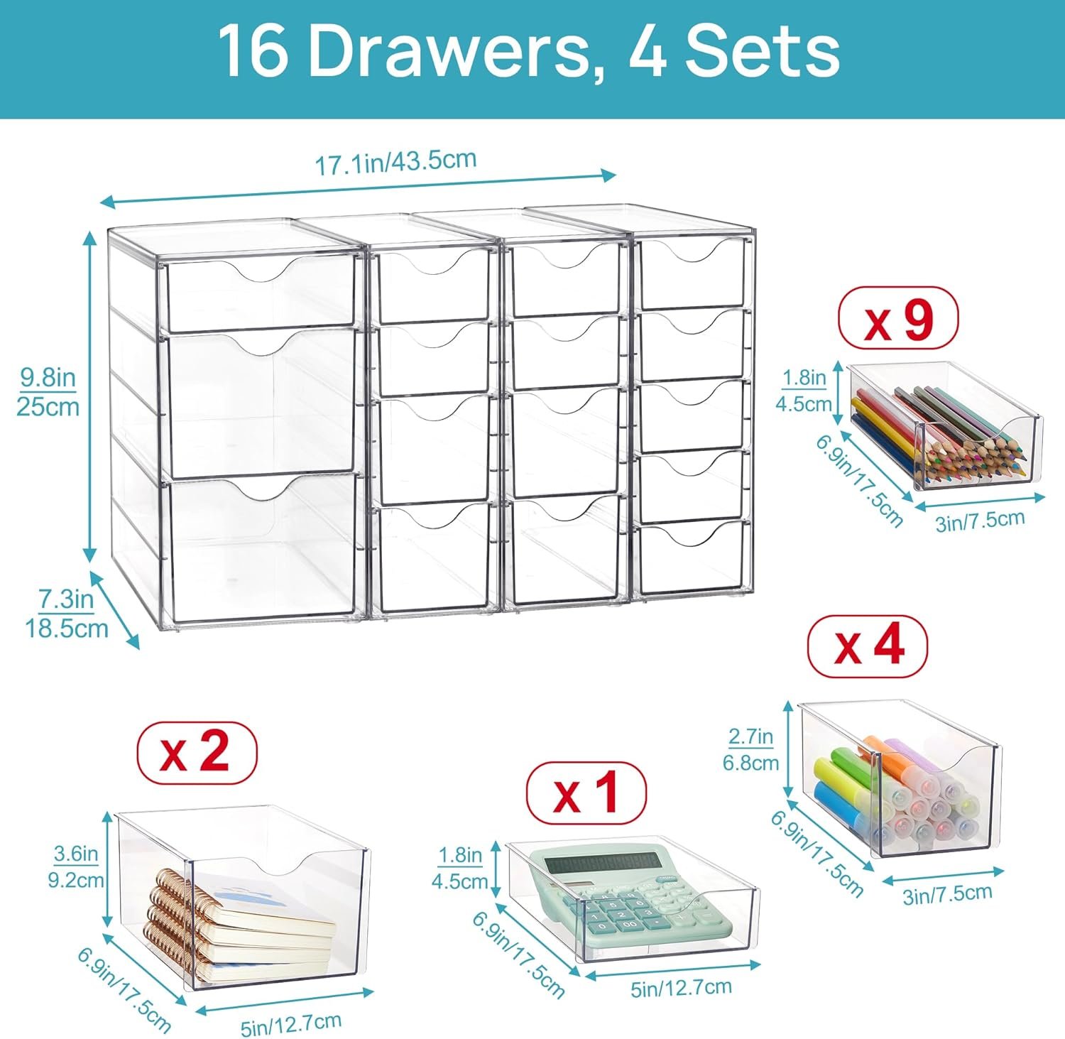 Vtopmart Acrylic Organizer with 16 Drawers (4 Set),Clear Storage Drawers for Office Supplies,Desk Organization and Storage for Makeup,Jewelry,Art Crafts - Image 3
