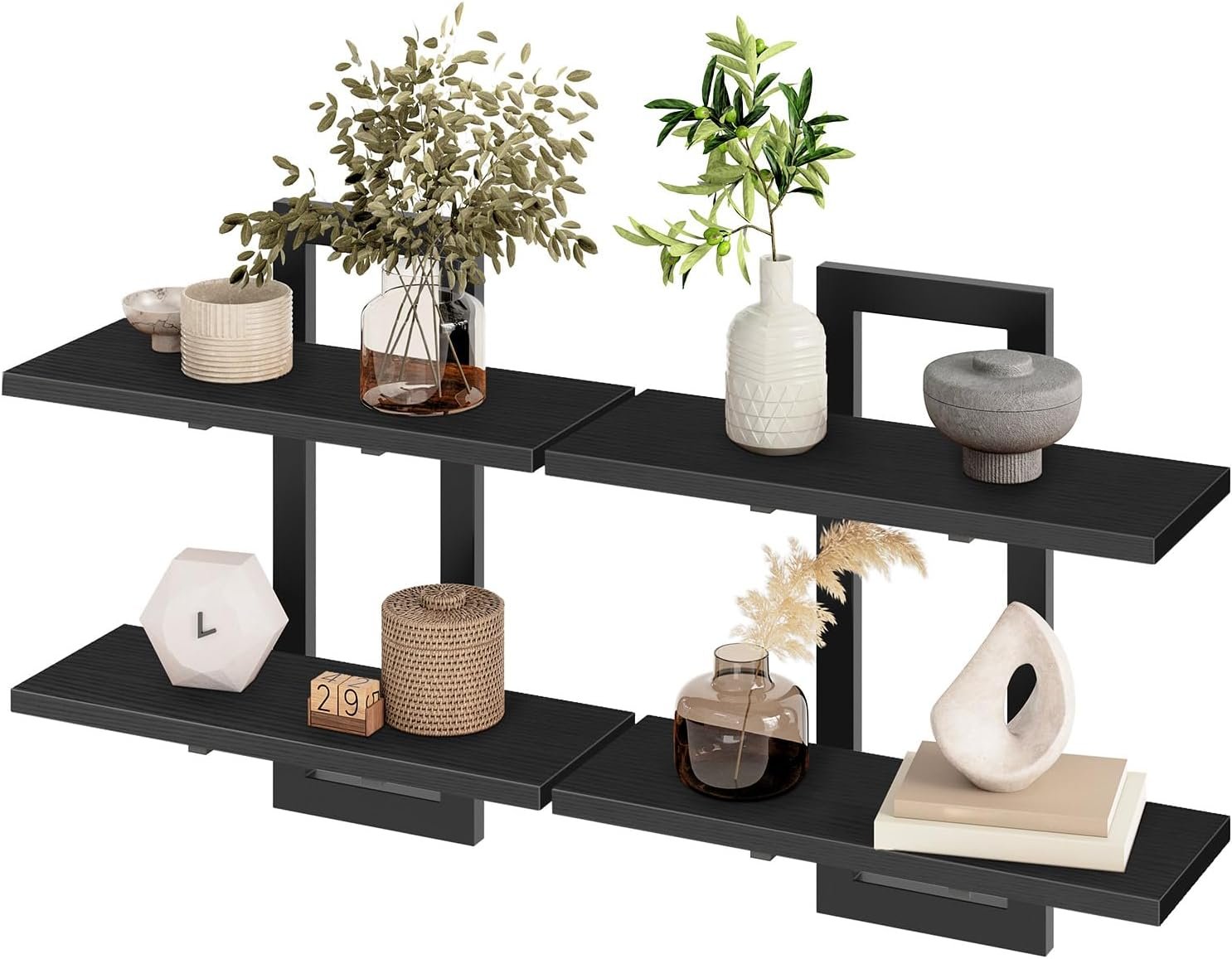 HOOBRO Floating Shelves, 15 Inch Wall Shelf Set of 2, Wall Mounted Storage Shelves 2-Tier, Hanging Bathroom Shelves, for Living Room, Bedroom, Bathroom, Kitchen, Black BK32BJ01 - Image 2