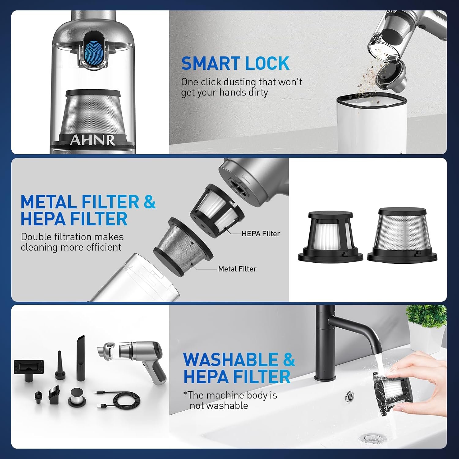 AHNR Handheld Car Vacuum Cleaner Cordless with Brushless Motor, 20000PA High Power Vacuum Cleaner & Air Duster, 3 in 1 Keyboard Portable Mini Hand Held Vacuums Cleaner for Car Home - Image 7