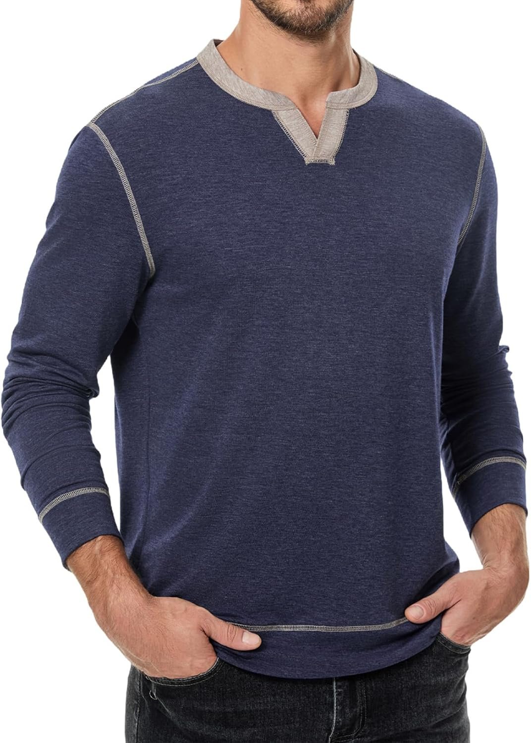 JMIERR Men's Slim Henley Shirts V-neck Longline T-Shirt Casual Lightweight Sweatshirts Fitted Raglan Sleeve Tees Shirts - Image 2