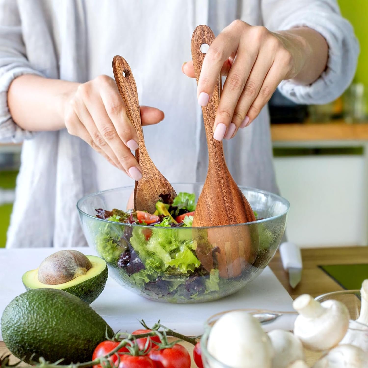 AIUHI Natural Teak Wood Kitchen Utensil Set, 9Pcs Wooden Spoons for Cooking, Cooking Utensils Set for Nonstick Cookware, Durable & Heat Resistant - Image 8