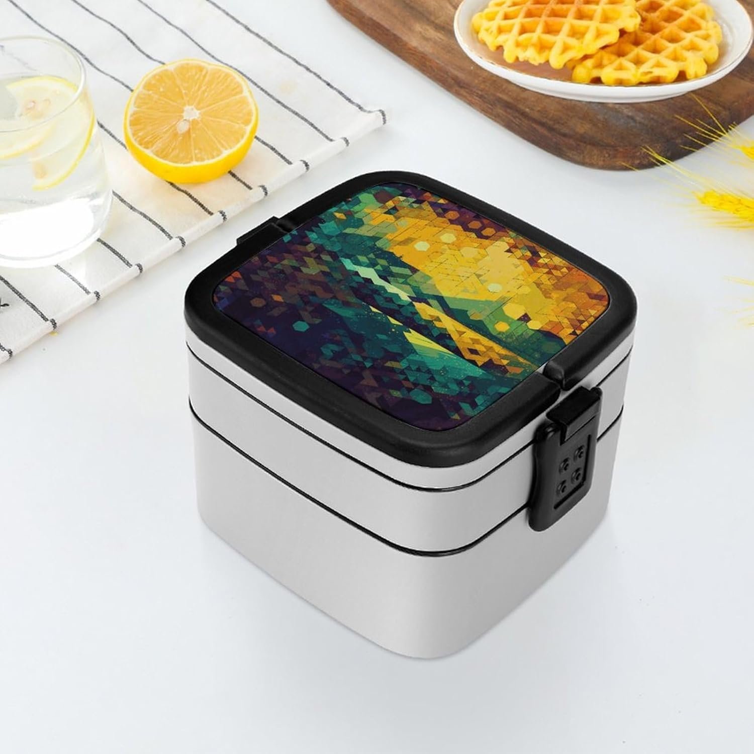 Shiny Hexagon Bento Box with Spoon, 2-layer Stackable Lunch Box Leak Proof with Invisible Handle, Insulated Food Storage for Office, Picnic & Travel - Image 7