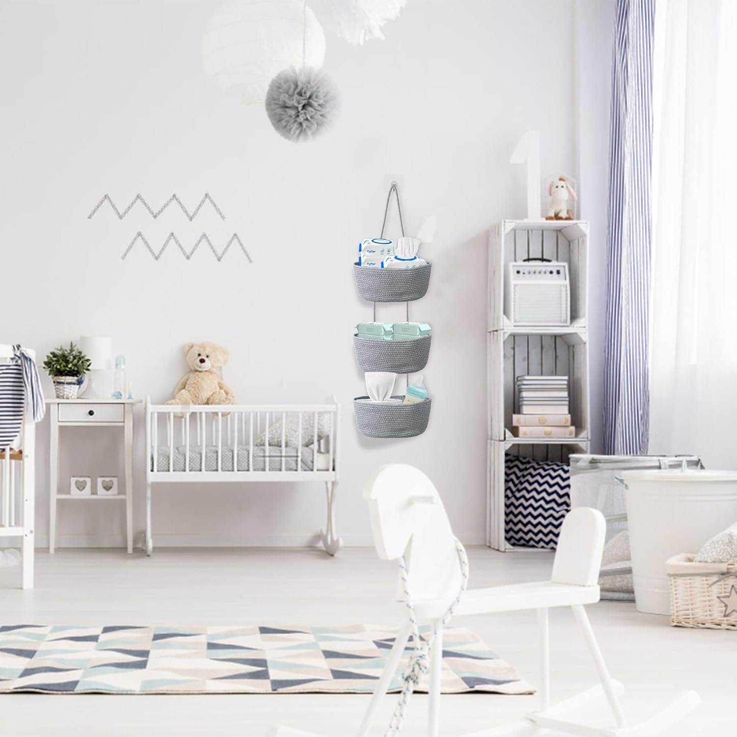 3 Tier Wall Mounted Woven Hanging Basket, Over the Door Hanging Basket with Hooks, Decorative Storage Hanging Closet Removable, Large Wall Basket for Living Room, Bedroom, Kitchen (White) - Image 9