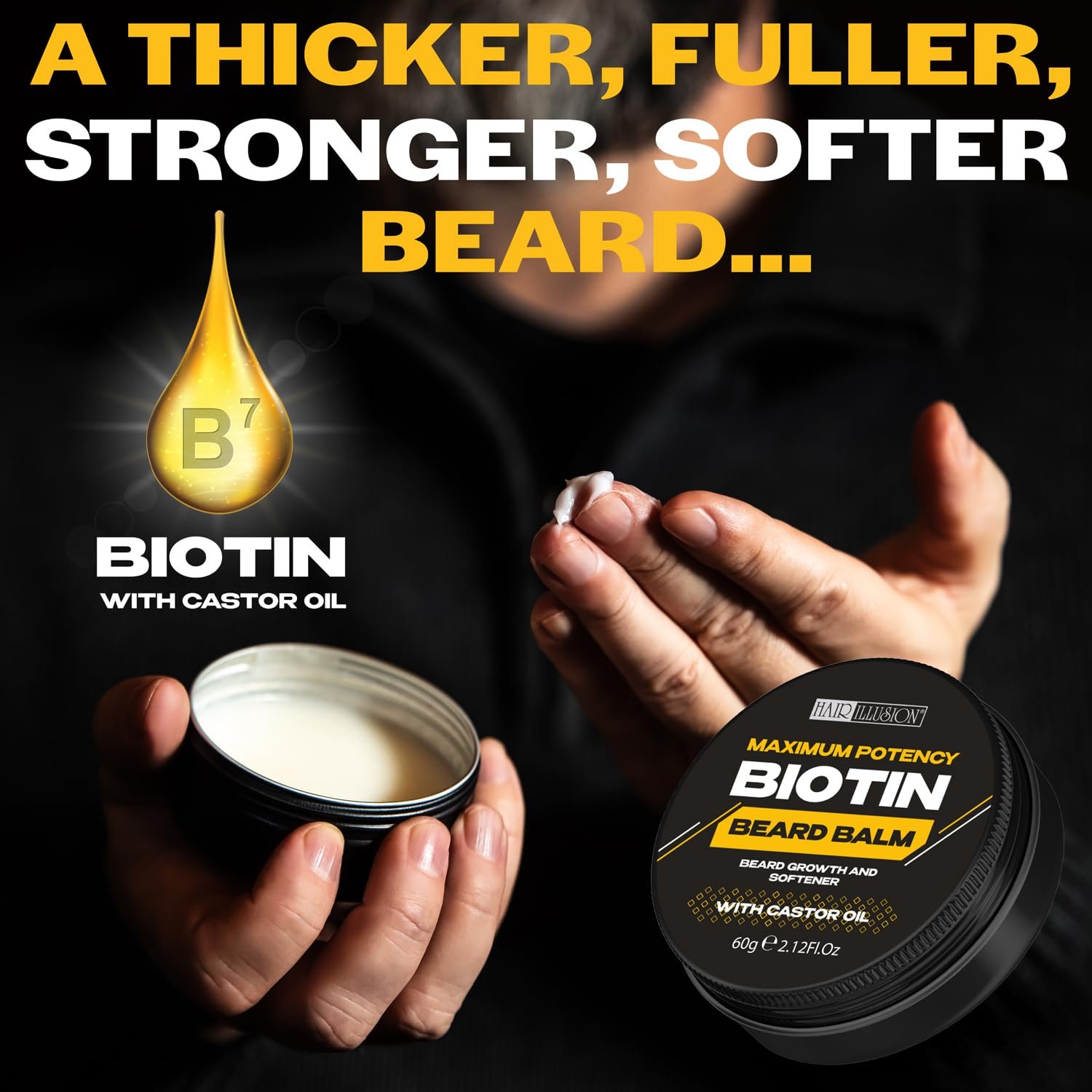 Hair Illusion MAXIMUM POTENCY BIOTIN Beard Balm For Beard Growth And Softening, Black - Image 3