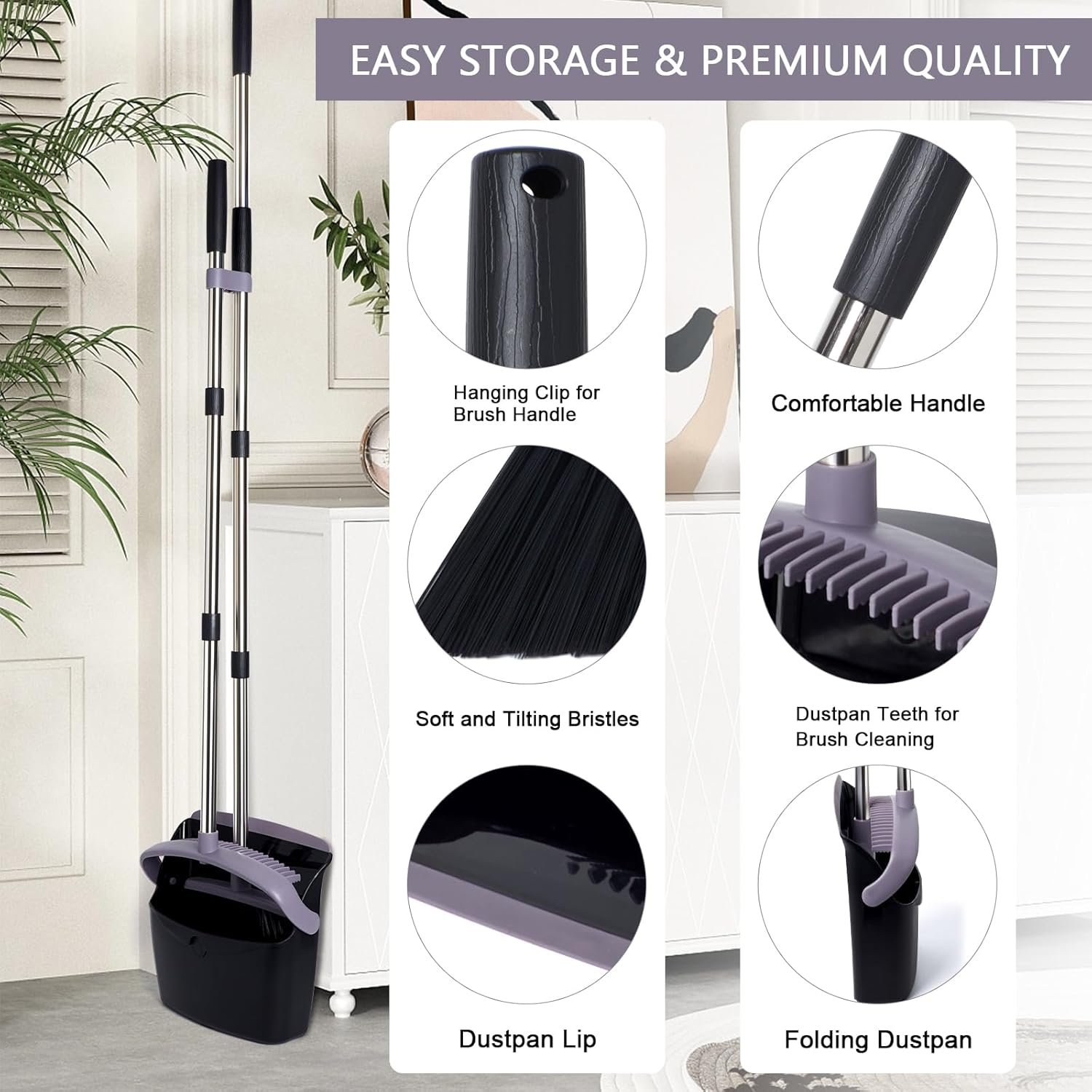 Broom and Dustpan Set, Dustpans with Broom Combo for Home, Heavy Dust Broom and Dustpan Combo, Long Handle Dust Pan and Broom Set for Kitchen, Office, Pet Hair, Charcoal Color, Pack of 1 - Image 5