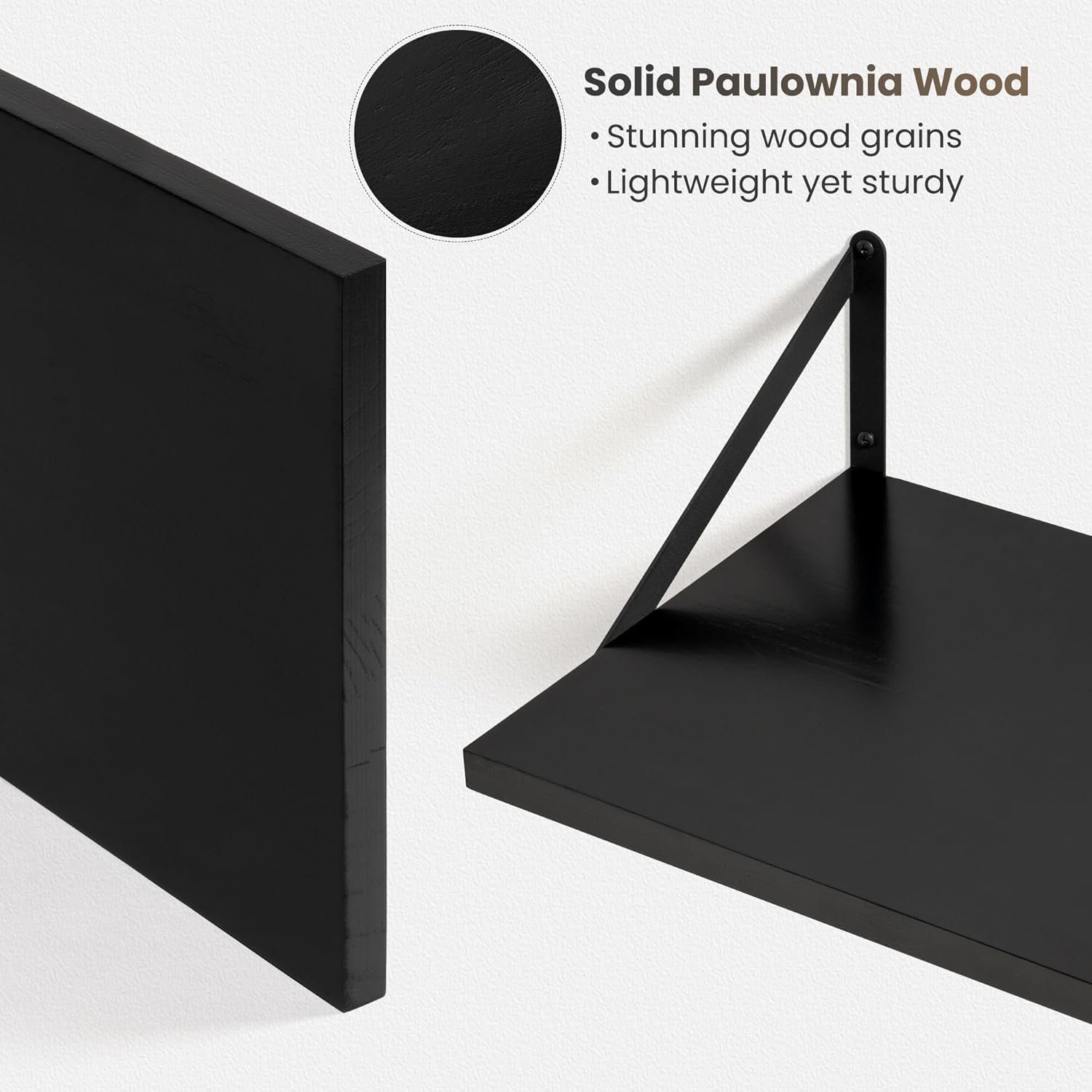 Marsmiles Black Floating Shelves for Wall, 12 Inch Deep Wood Wall Mounted Shelves Set of 2, 16W x 12D Wide Floating Wood Shelves for Bathroom Bedroom Kitchen Living Room, Black - Image 5