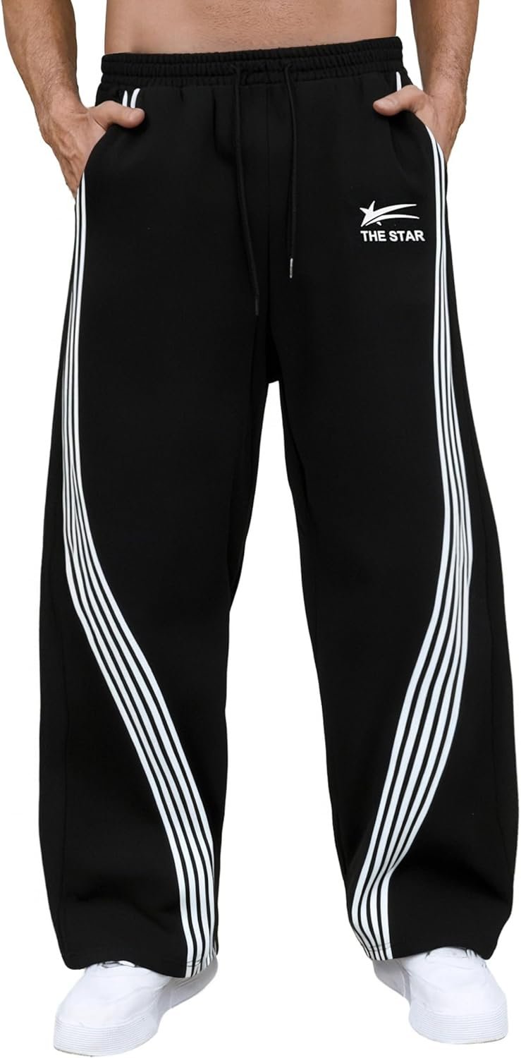 GORGLITTER Men's Baggy Wide Leg Sweatpants Y2K Striped Side Drawstring Waist Barrel Track Pants with Pockets - Image 2