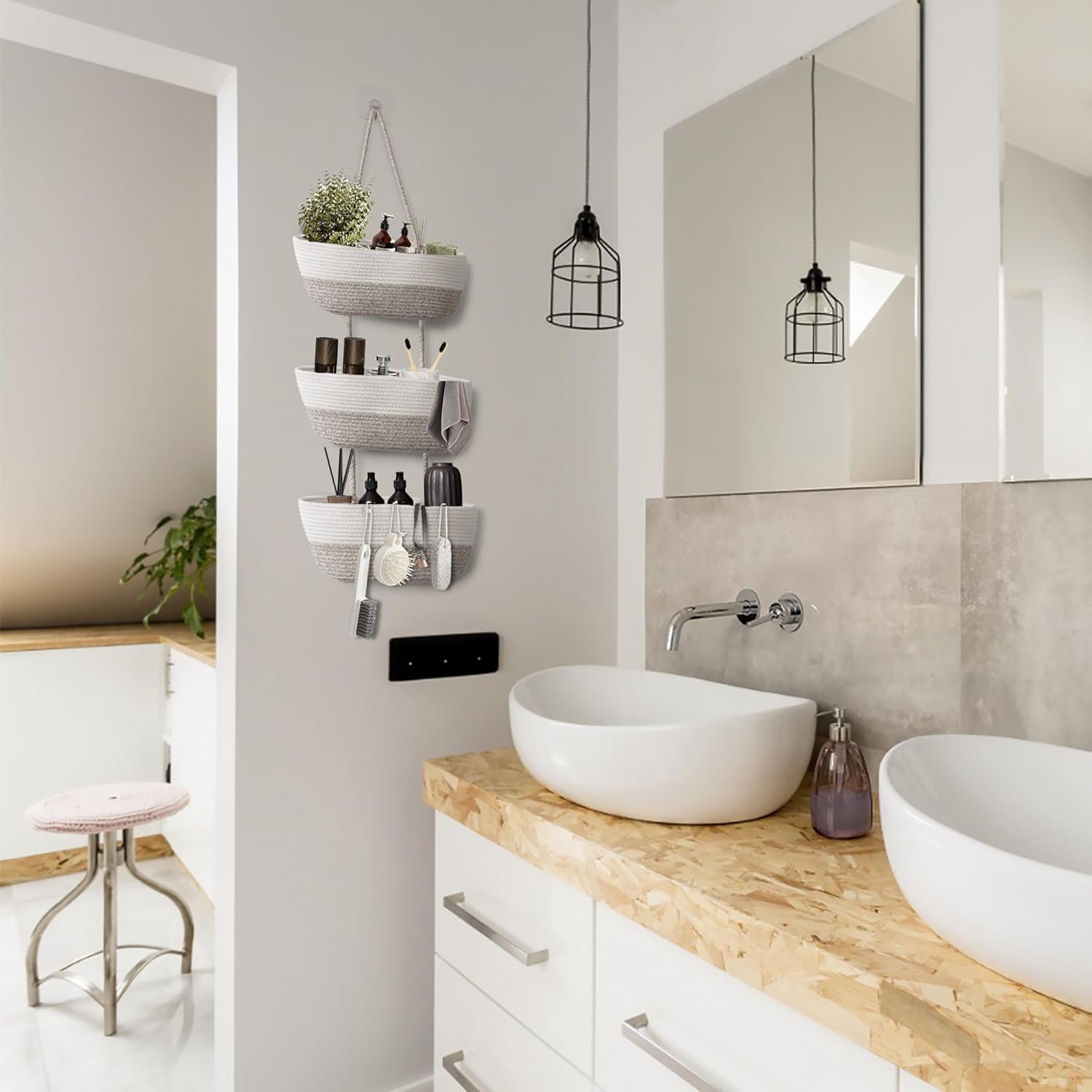 3 Tier Wall Mounted Woven Hanging Basket, Over the Door Hanging Basket with Hooks, Decorative Storage Hanging Closet Removable, Large Wall Basket for Living Room, Bedroom, Kitchen (White) - Image 8