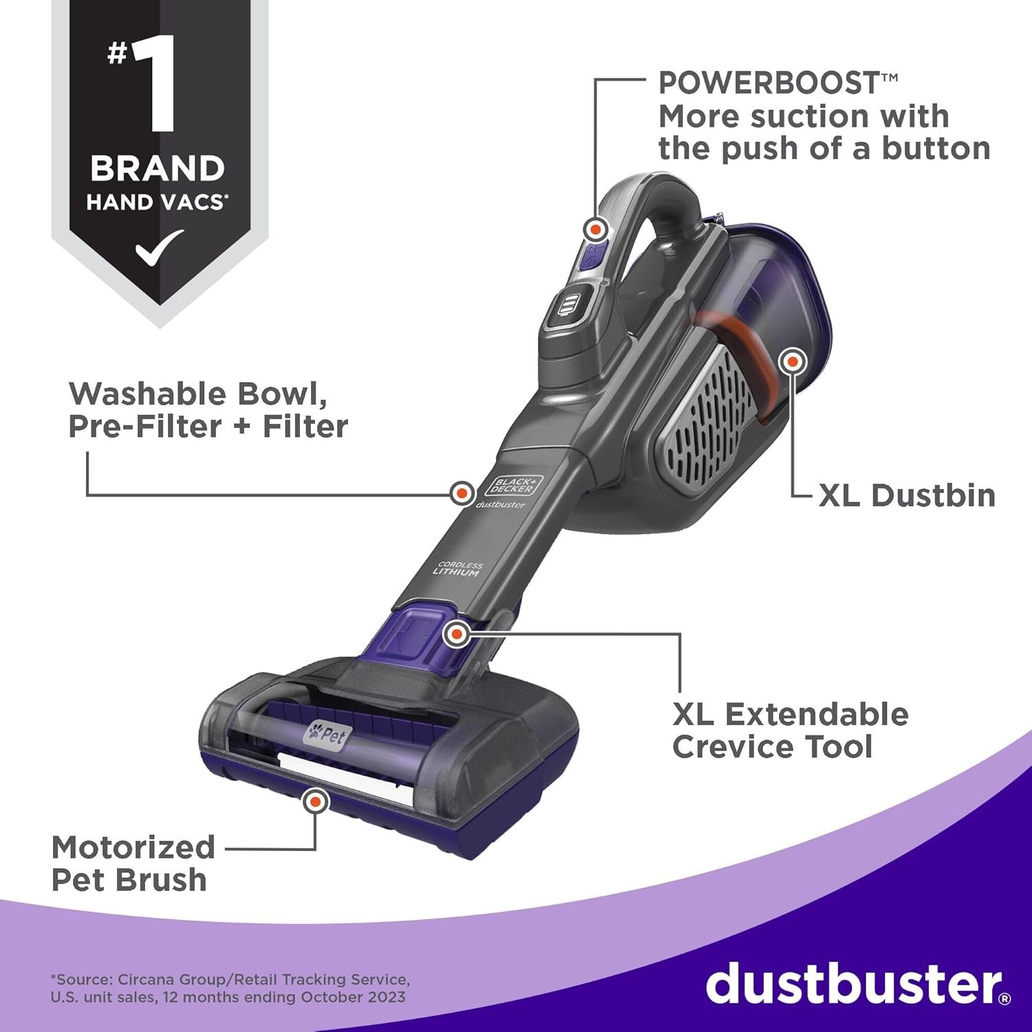 BLACK+DECKER dustbuster furbuster AdvancedClean+ Cordless Pet Handheld Vacuum, Home, Pet and Car Vacuum (HHVK515JP07) - Image 4