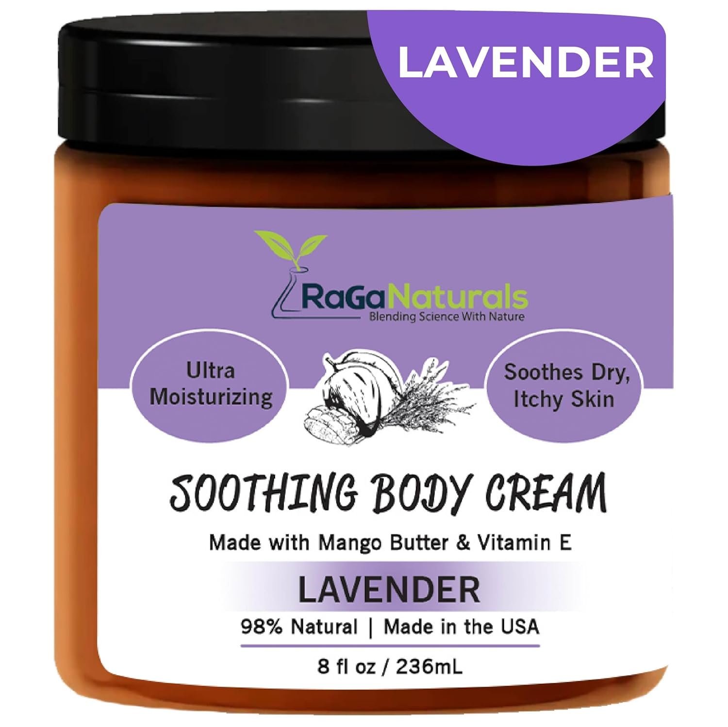 RaGaNaturals Natural Face and Body Butter Cream for Dry Skin - Calming, Nourishing & Hydrating Lavender Body Cream for Women, Men & Kids - Softens Skin and Delivers Healthy-Looking Glow - Vegan - 8 Oz - Image 2