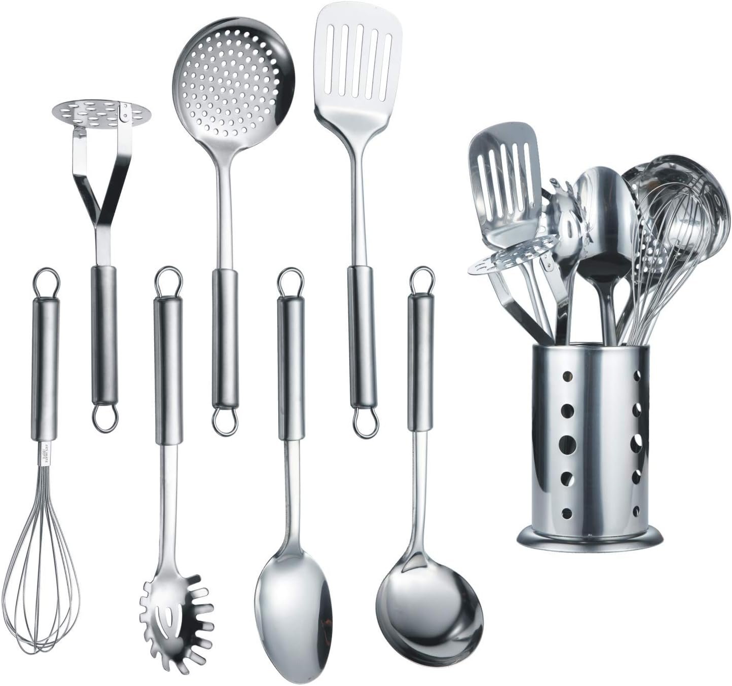 Berglander Cooking Utensil Set 8 Piece, Stainless Steel Kitchen Tool Set with Stand,Cooking Utensils, Slotted Tuner, Ladle, Skimmer, Serving Spoon, Pasta Server,Potato Maseher, Egg Whisk. (8 Pieces) - Image 2