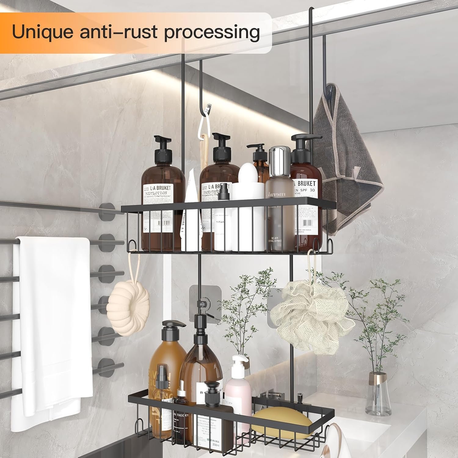 Fixwal Hanging Shower Caddy Over the Door with Soap Holder, No Drilling Adhesive Bathroom Storage Organizer Rack with 10 Hooks Hanging Shelf Basket Rustproof Waterproof Anti-Swing, 2 Tiers - Image 5
