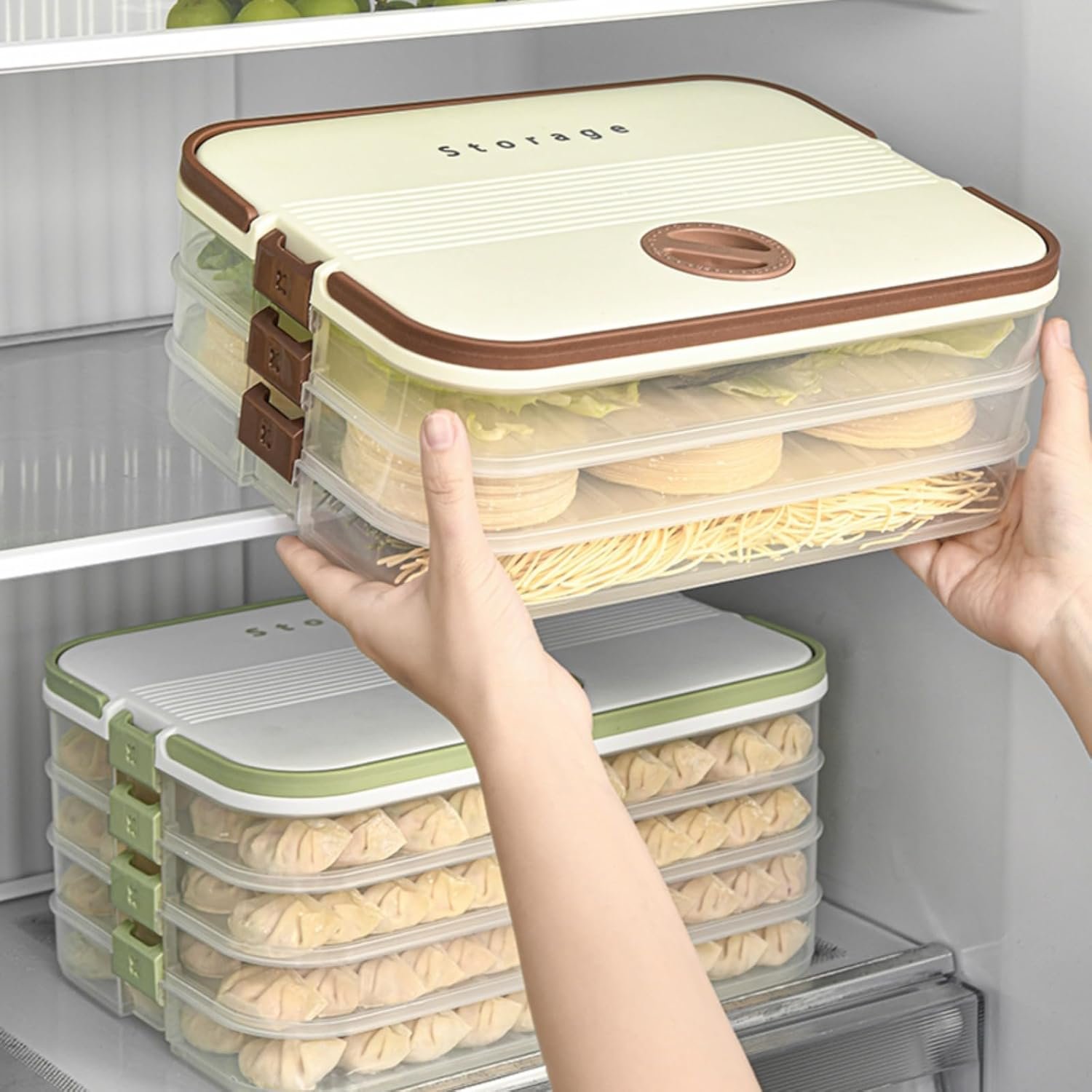 Dumplings Storage with 4 Layers, Stackable with Buckle, Lid & Handle for Cookies Wonton Donuts Box Organizer For Fridge, Milk-Brown - Image 3