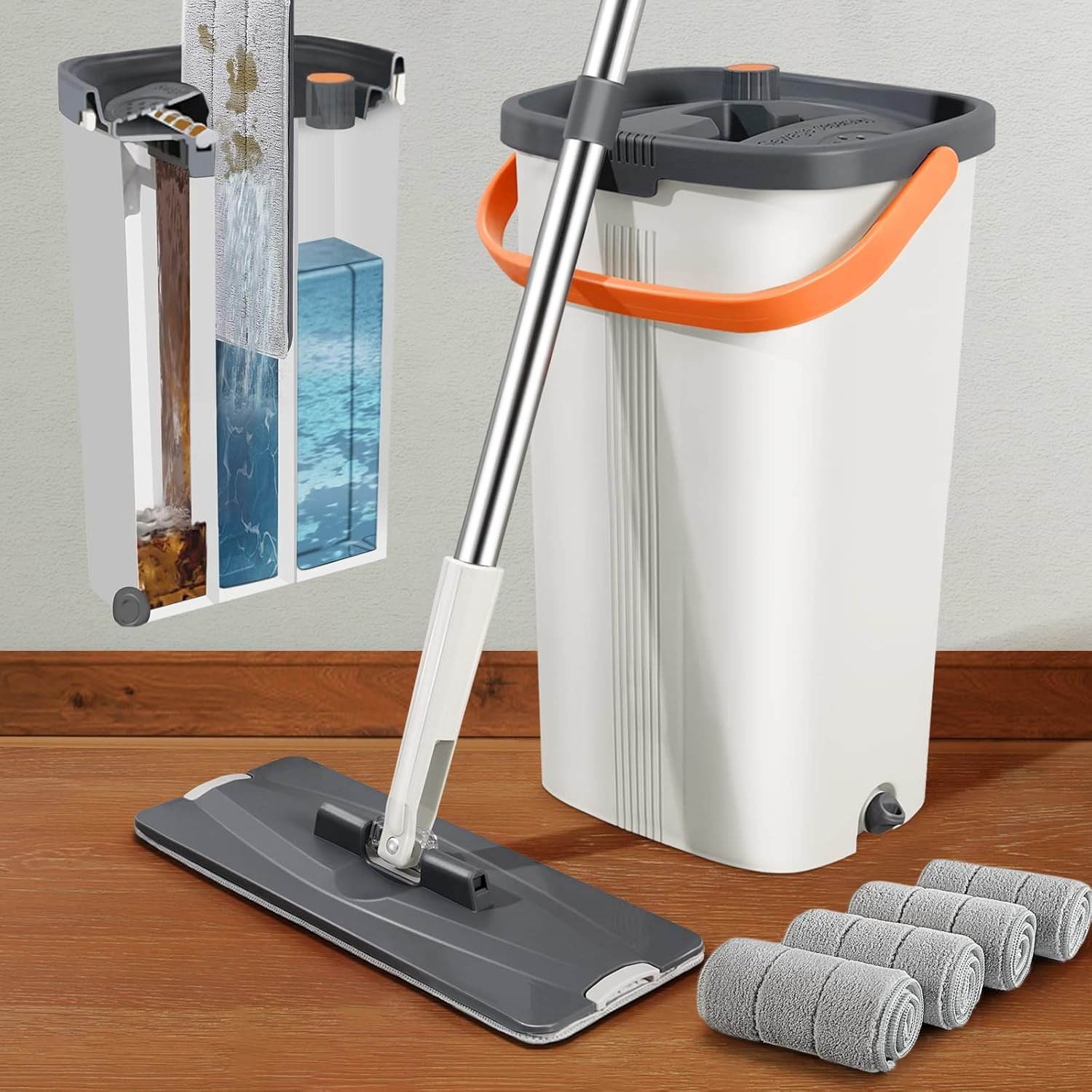 Lascpt Flat Mop and Bucket with Wringer Set, 3-Chamber Design Separates Dirty and Clean Water, Wet and Dry Use, Automatic Wringing Home Floor Wall Cleaning Mop, 4 Reusable Microfiber Mop Pads - Image 2