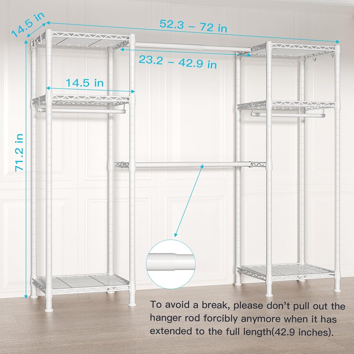 Ulif E7 Heavy Duty Garment Rack, Clothes Organizer and Storage Rack with Expandable Hangers, Metal Clothing Rack with 6 Wire Shelves, (52.3"-72") W x 14.5" D x 71.2" H, Load 838 LBS, White - Image 6