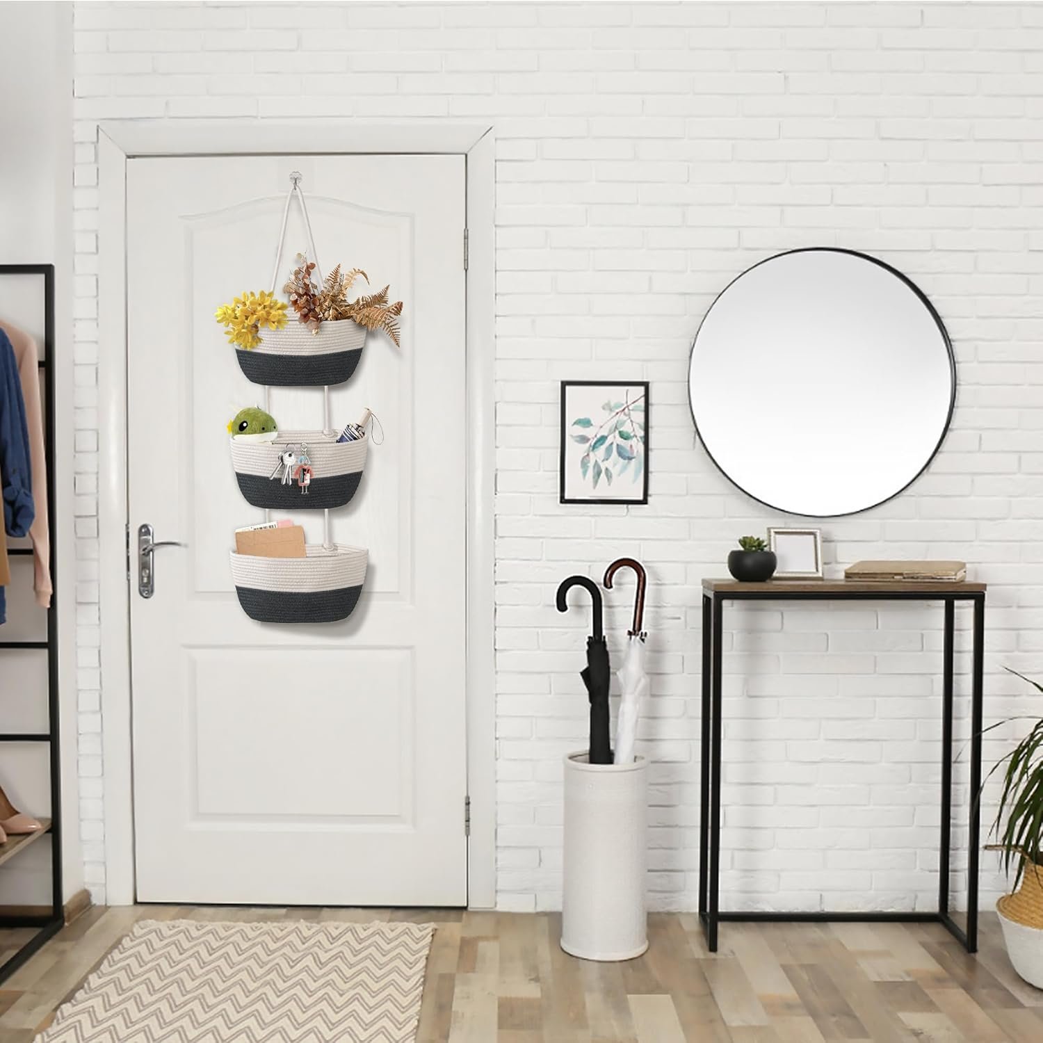 3 Tier Wall Mounted Woven Hanging Basket, Over the Door Hanging Basket with Hooks, Decorative Storage Hanging Closet Removable, Large Wall Basket for Living Room, Bedroom, Kitchen (White) - Image 6