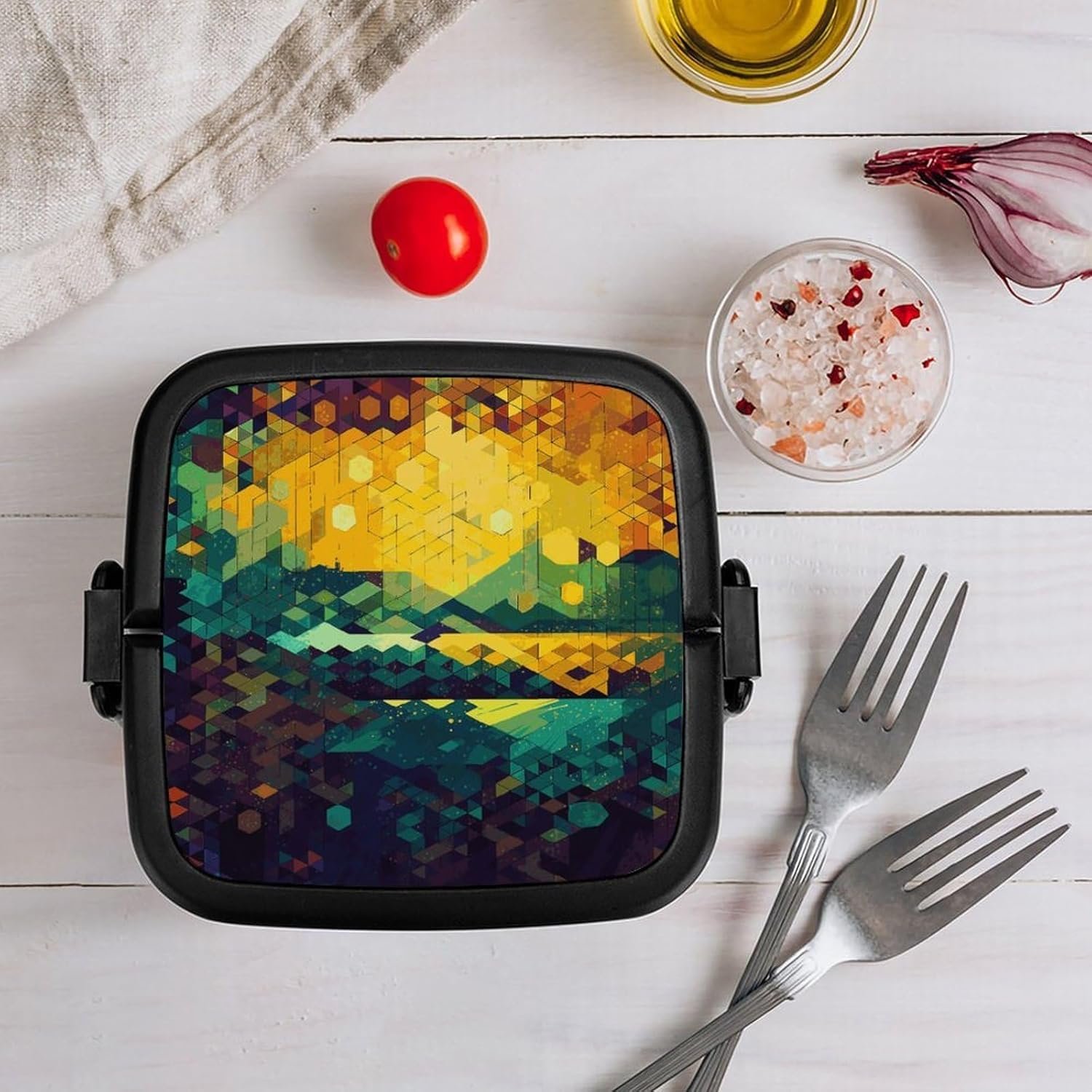 Shiny Hexagon Bento Box with Spoon, 2-layer Stackable Lunch Box Leak Proof with Invisible Handle, Insulated Food Storage for Office, Picnic & Travel - Image 9