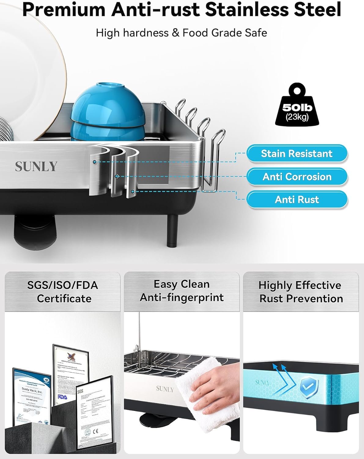 SUNLY Large Dish Drying Rack, Expandable Dish Racks for Kitchen Counter, Space Saving 304 Stainless Steel Drying Rack Kitchen, Extra Large Drainer with Multifunctional Flip Up Pegs, Black - Image 5