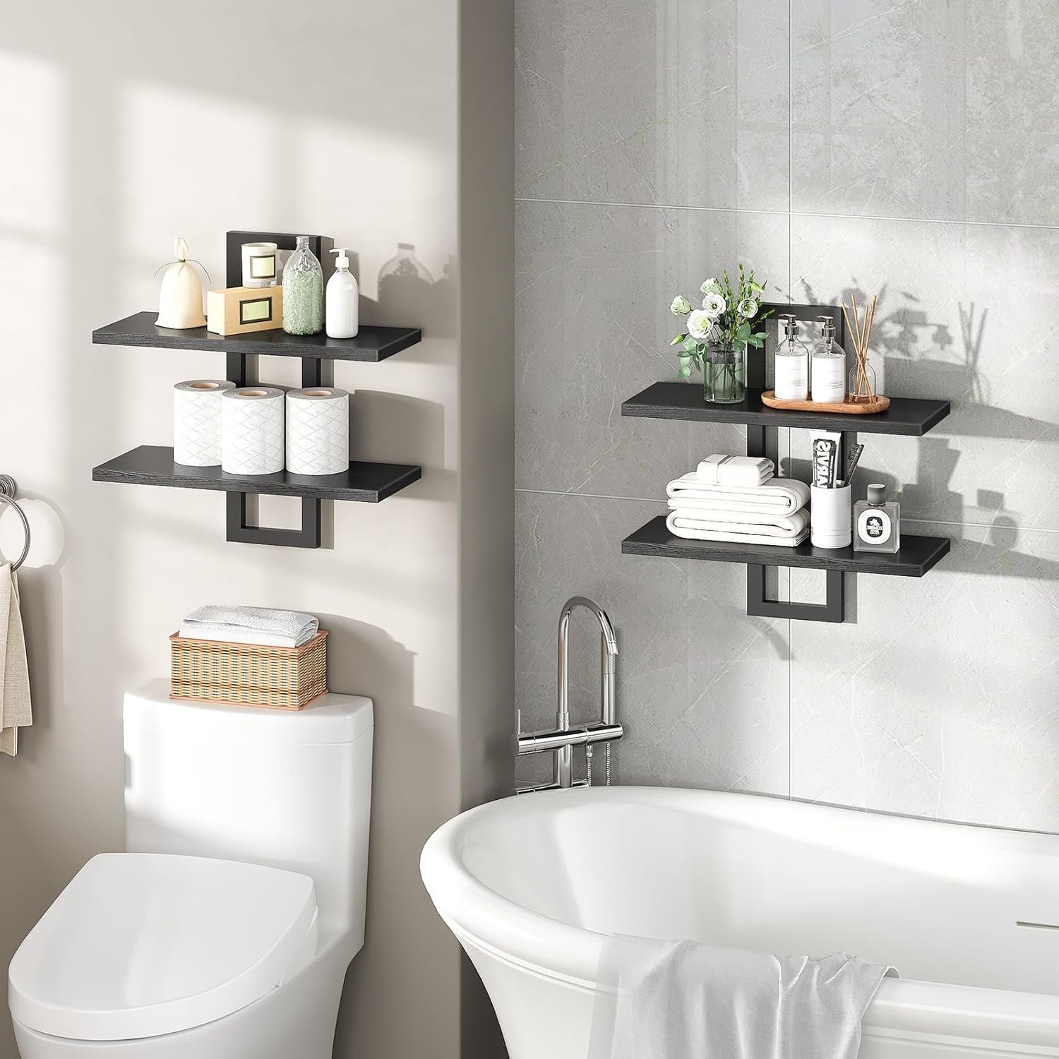 HOOBRO Floating Shelves, 15 Inch Wall Shelf Set of 2, Wall Mounted Storage Shelves 2-Tier, Hanging Bathroom Shelves, for Living Room, Bedroom, Bathroom, Kitchen, Black BK32BJ01 - Image 5