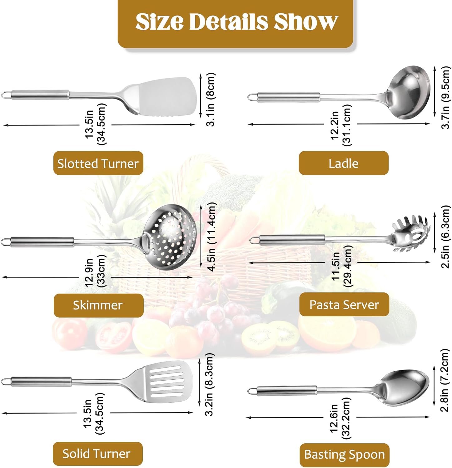 Stainless Steel Kitchen Utensils Set, 6 PCS Metal Cooking Utensils Set for Cooking, Heat Resistant Spatula Set Kitchen Tool Set with Turners, Serving Spoon, Ladle, Skimmer, Pasta Server - Image 6