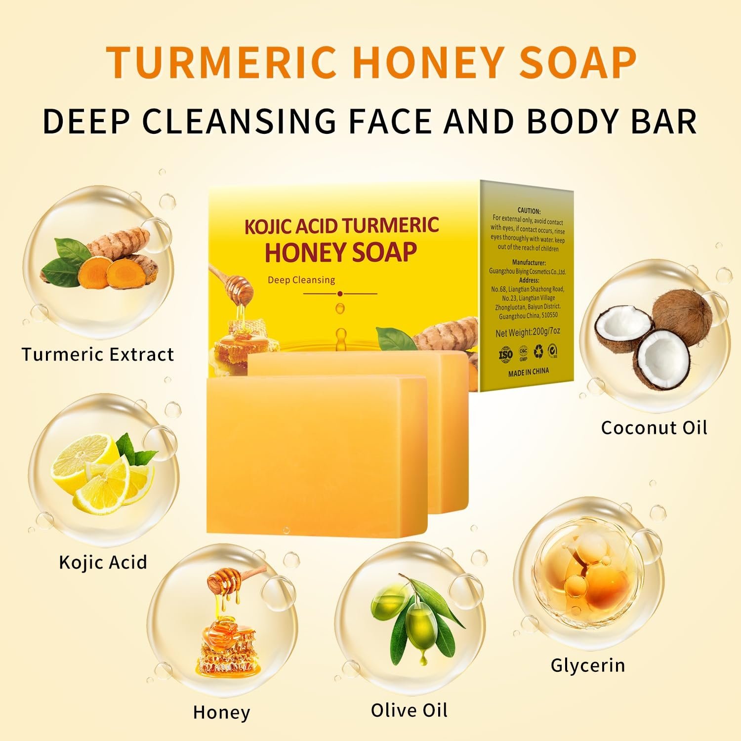 IREV Turmeric Soap For Dark Spots, 200g/7oz Kojic Acid Turmeric Soap Bar With Vitamin C, Honey For Face And Body, Gentle Soap Facial Cleansing Bars, Even Skin Tone, Moisturizing Nourishing - Image 4