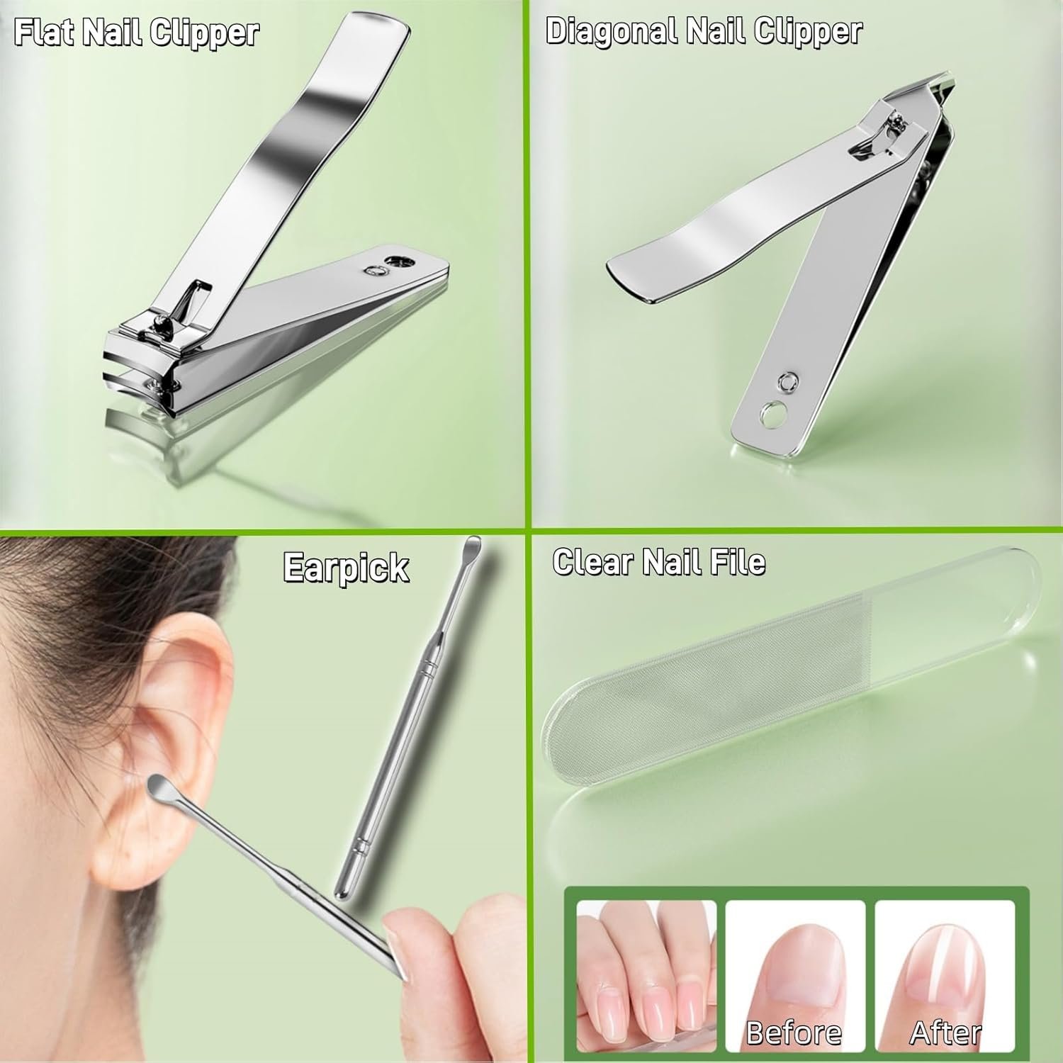 Manicure Set for Men & Women, 4 Piece Nail Care Kit, Portable Grooming Kit for Travel, Stainless Steel Nail Tools with Mint Green Case Suitable for Home, Office, Outdoor Travel Kit - Image 5