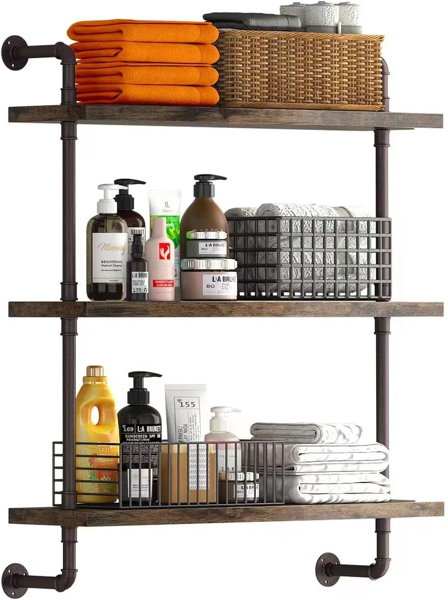 Helsin 3 Tier Industrial Pipe Shelf Rustic Wood Floating Shelves,Wall Display Bookshelf,Storage Rack Sundries Holder for Kitchen Office Bathroom Organization and Home Decor (24inch) - Image 2